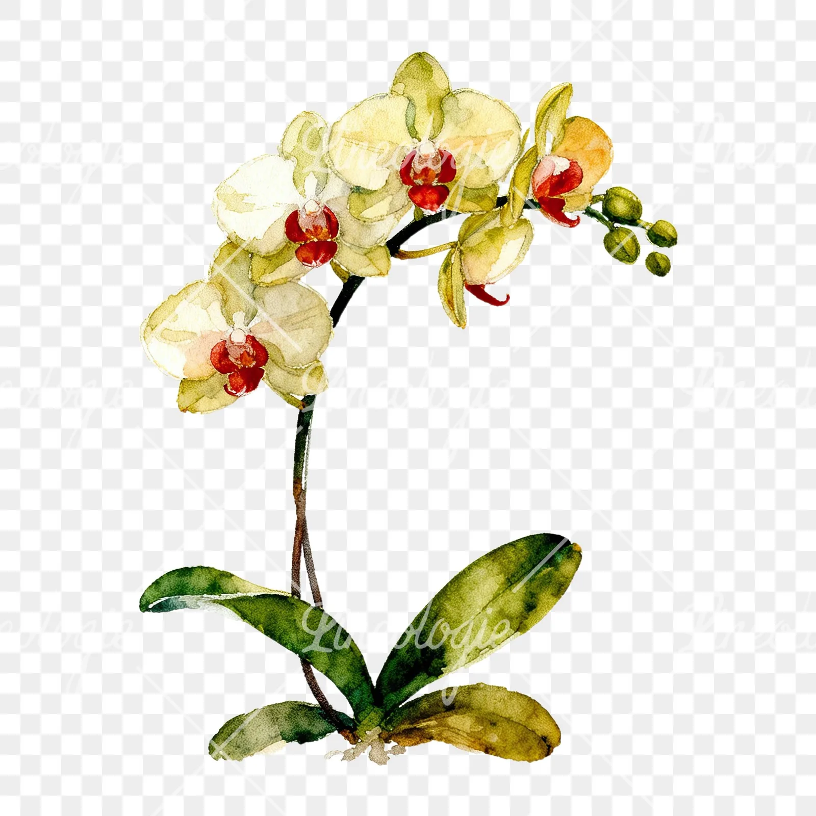 Watercolor orchid bouquet with leaves clipart 1 of 9 on a transparent background (PNG)