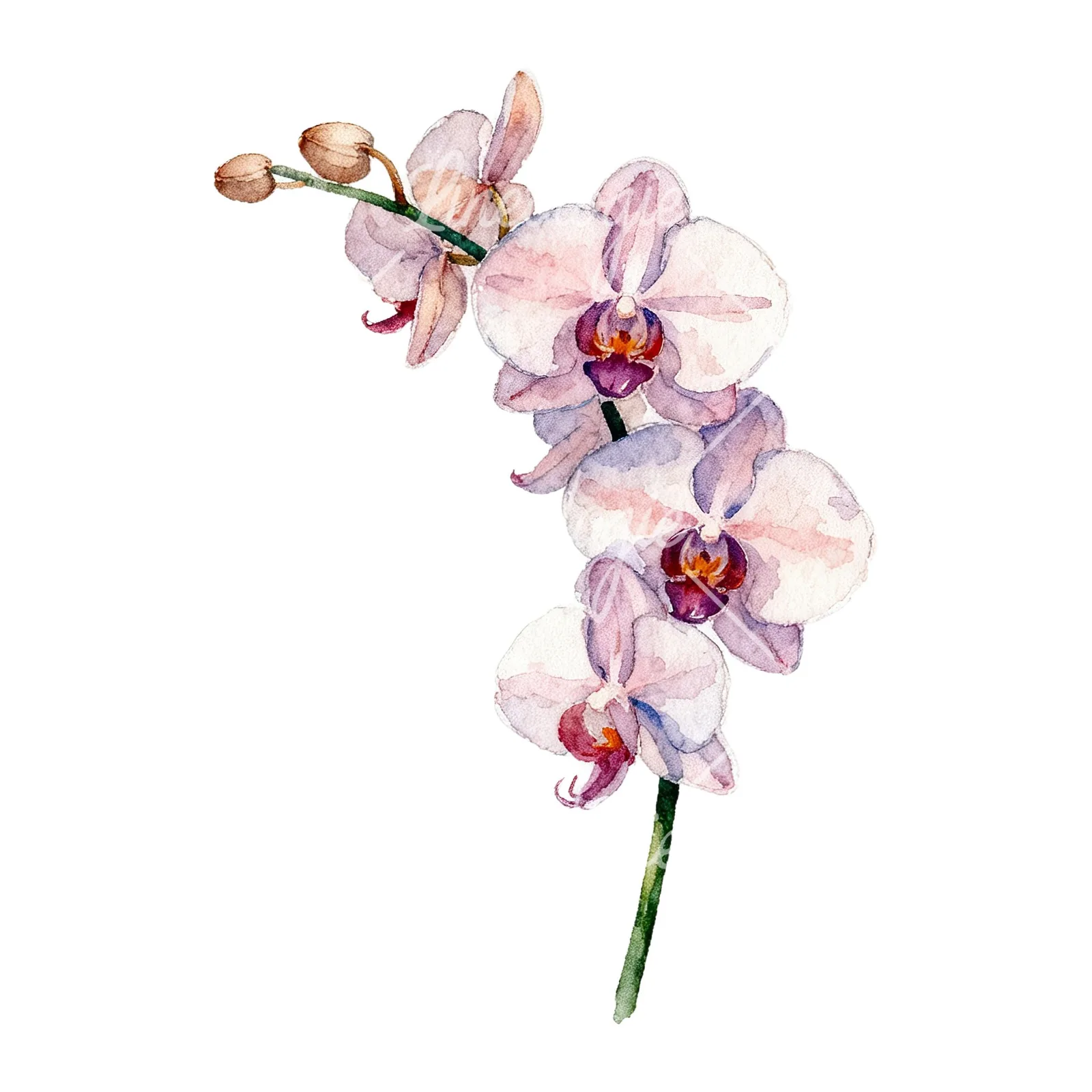 Watercolor orchid bouquet with leaves clipart 2 of 9 on a white background (JPG)