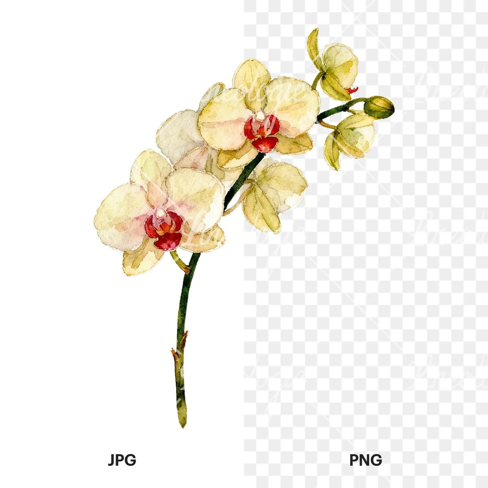 Watercolor orchid bouquet with leaves clipart 4 of 9, as a JPG on white and a transparent PNG