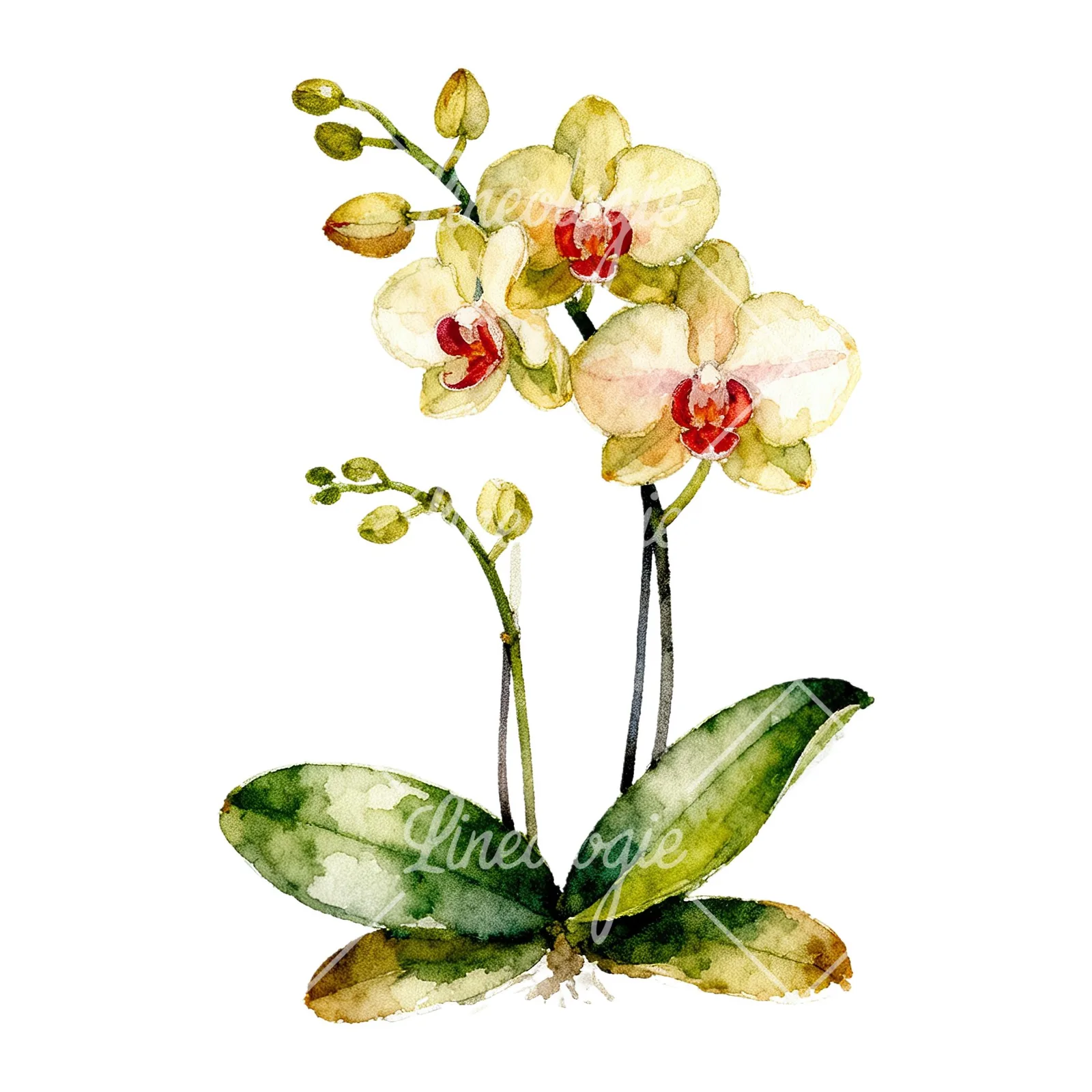 Watercolor orchid bouquet with leaves clipart 9 of 9 on a white background (JPG)