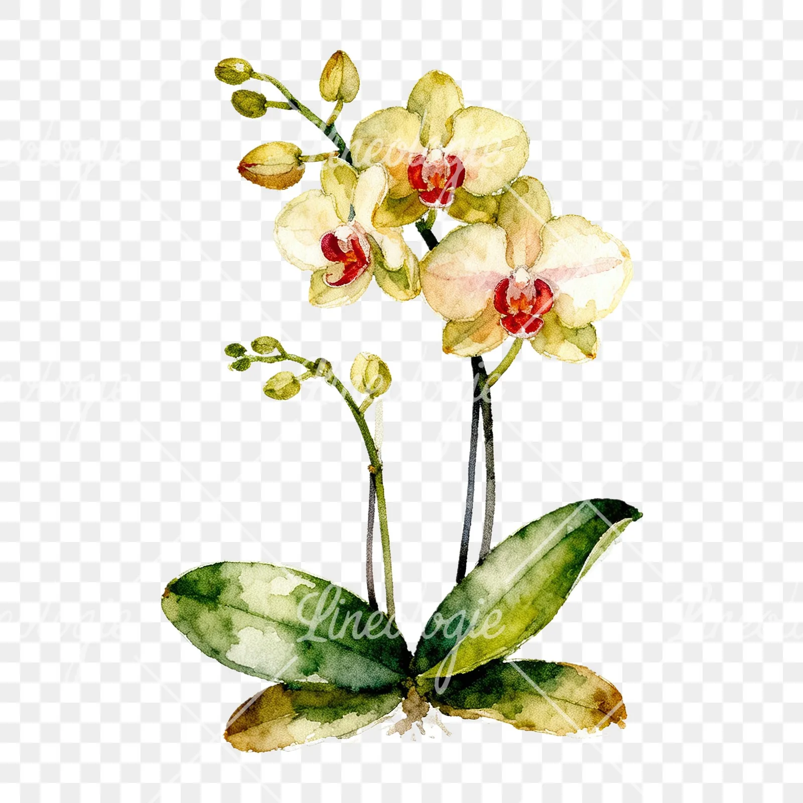 Watercolor orchid bouquet with leaves clipart 9 of 9 on a transparent background (PNG)
