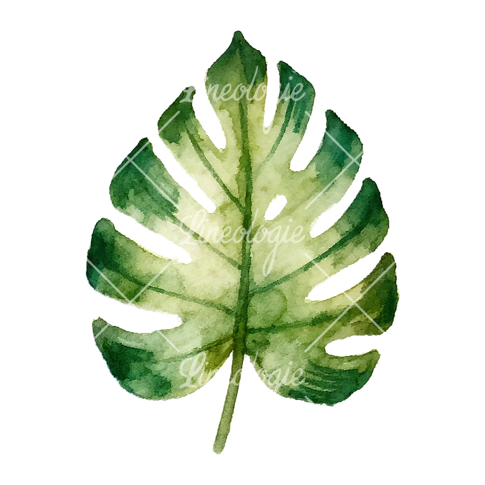 Watercolor broad green palm leaf clipart 3 of 9 on a white background (JPG)