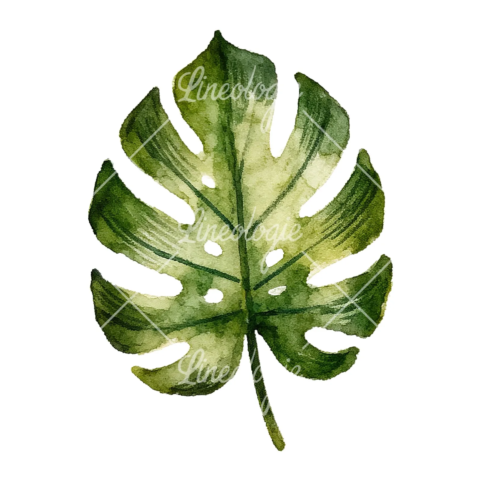 Watercolor broad green palm leaf clipart 4 of 9 on a white background (JPG)