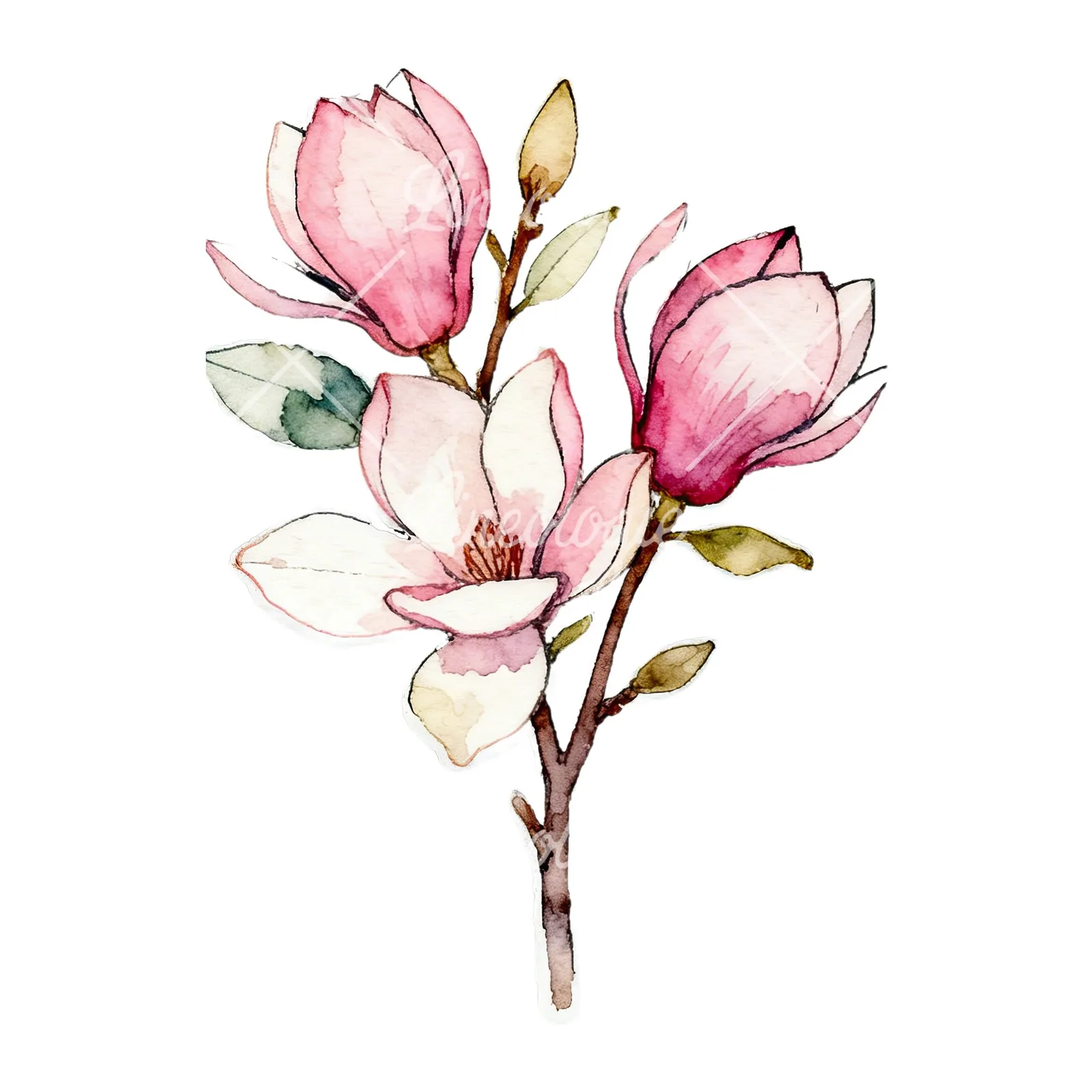 Watercolor pastel pink magnolia bouquet clipart 1 of 9 on a white background (JPG)