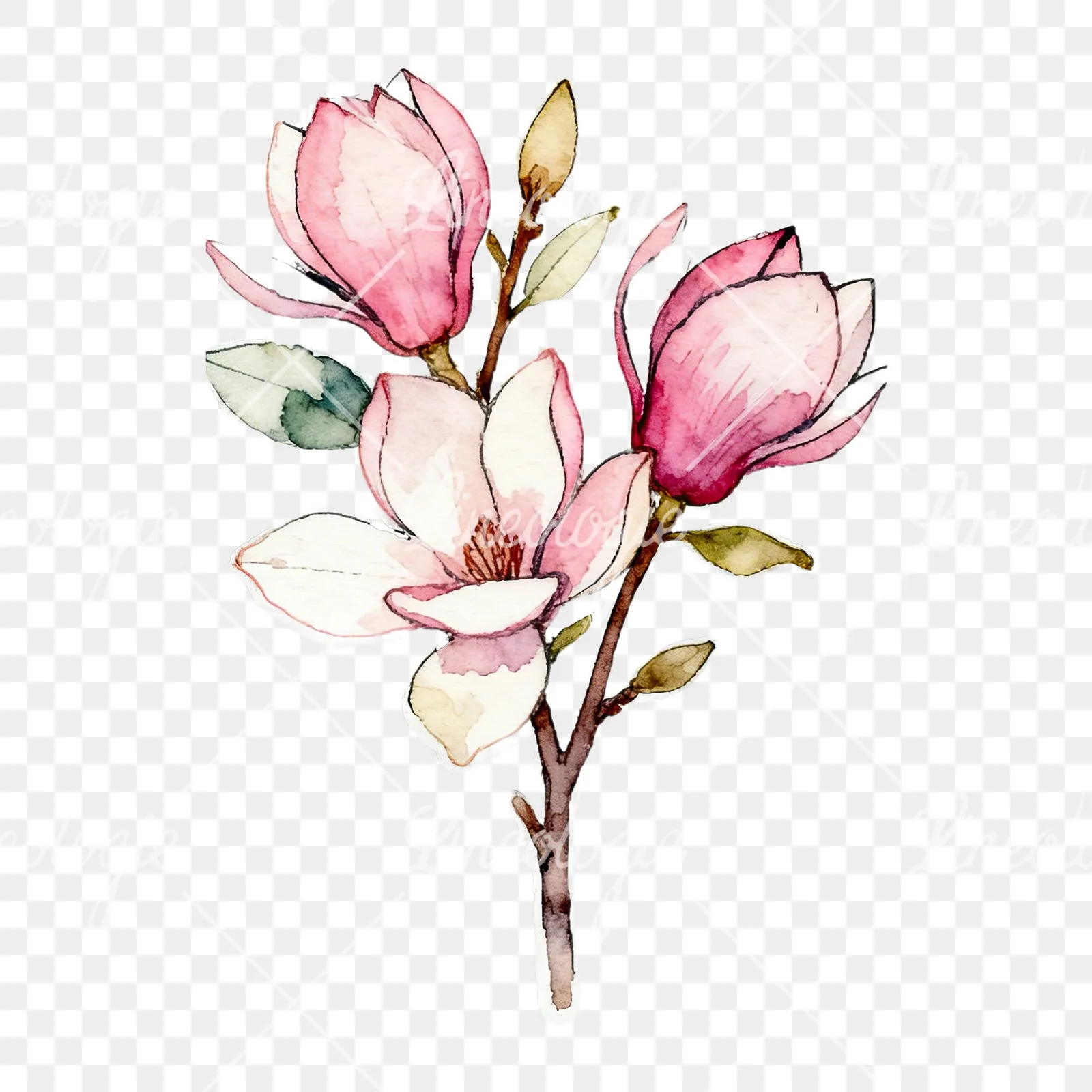 Watercolor pastel pink magnolia bouquet clipart 1 of 9 on a transparent background (PNG)