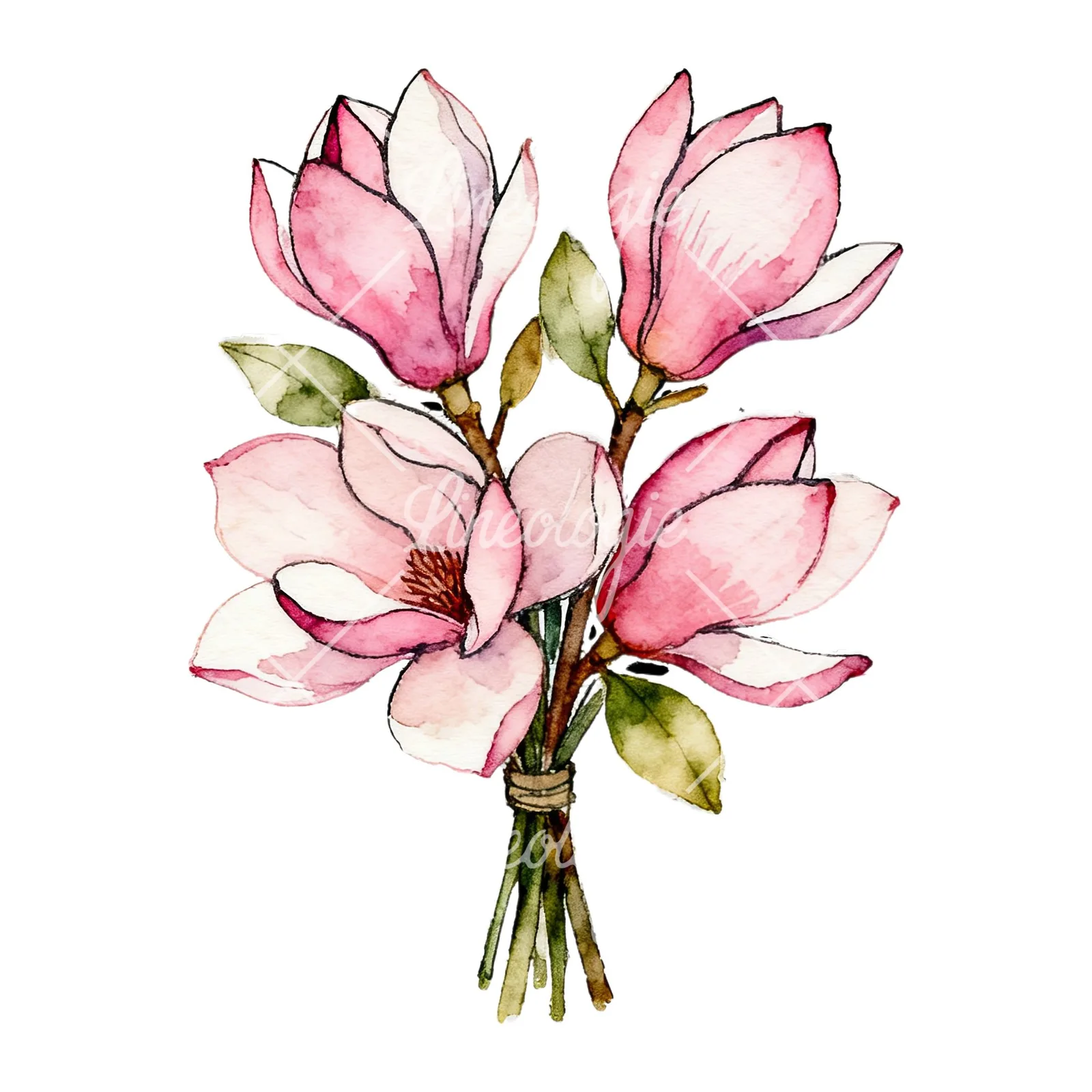 Watercolor pastel pink magnolia bouquet clipart 2 of 9 on a white background (JPG)