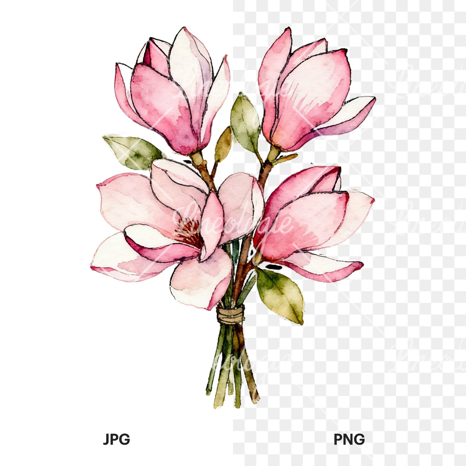 Watercolor pastel pink magnolia bouquet clipart 2 of 9, as a JPG on white and a transparent PNG
