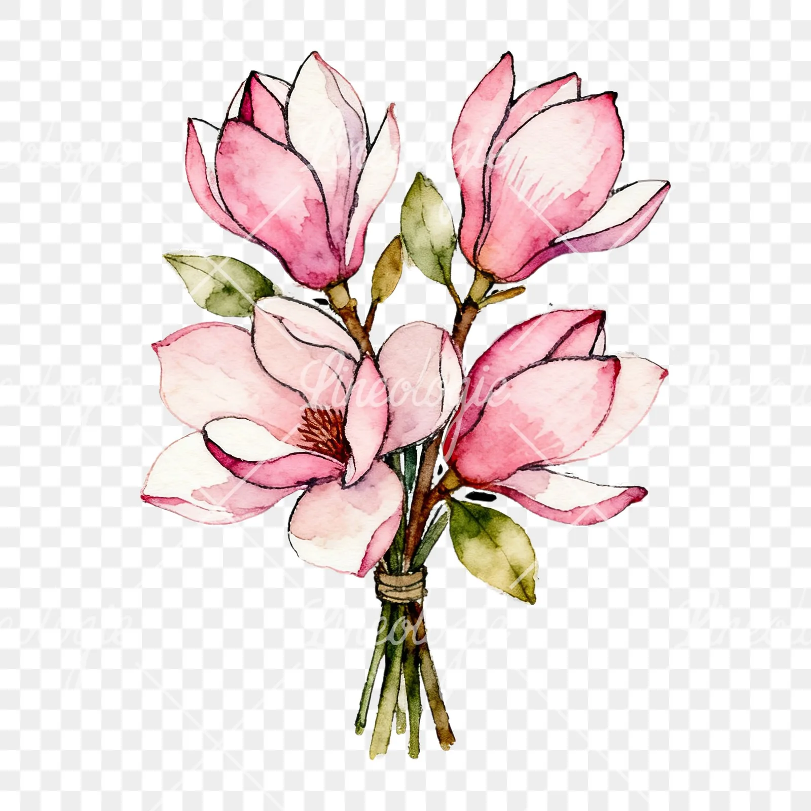 Watercolor pastel pink magnolia bouquet clipart 2 of 9 on a transparent background (PNG)