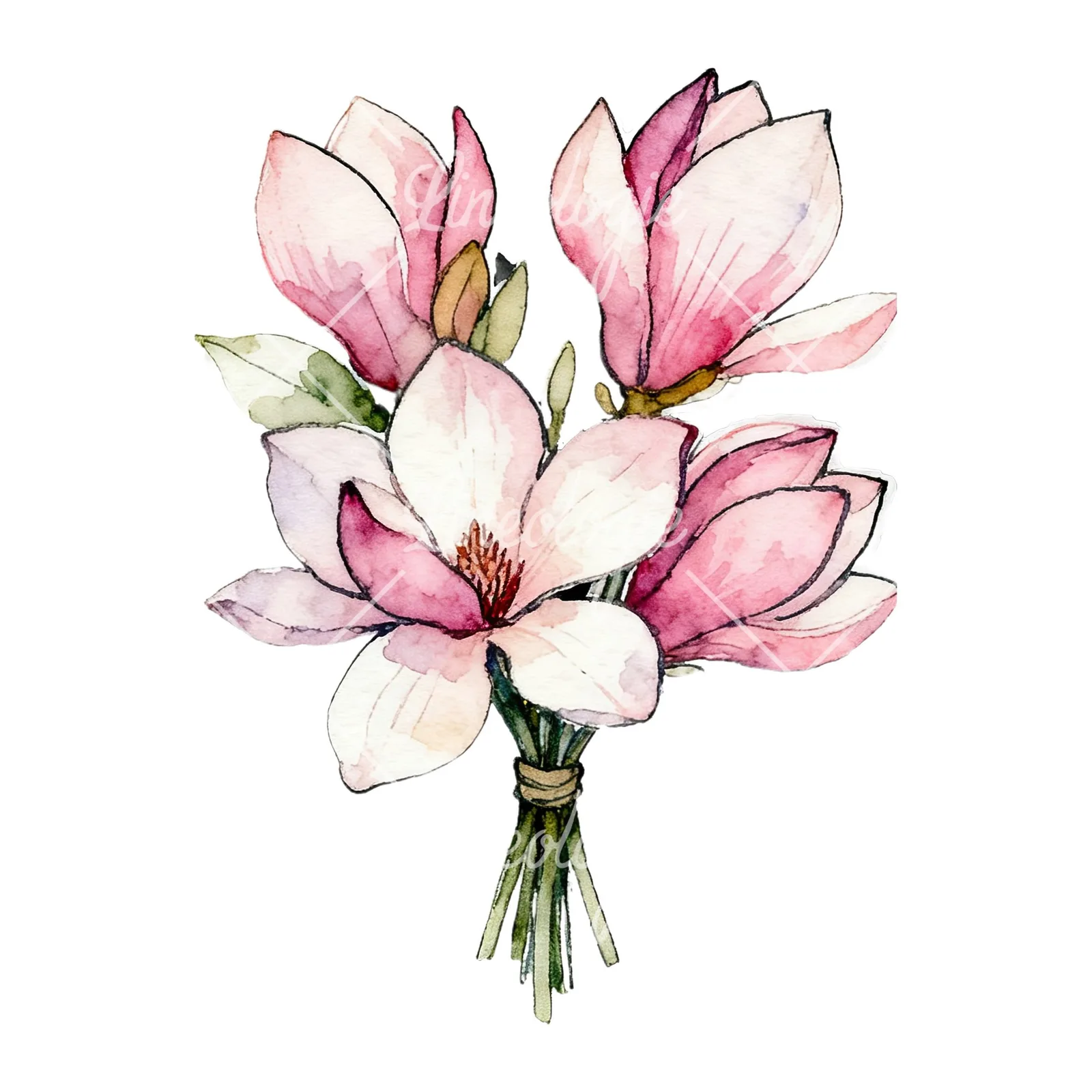 Watercolor pastel pink magnolia bouquet clipart 3 of 9 on a white background (JPG)