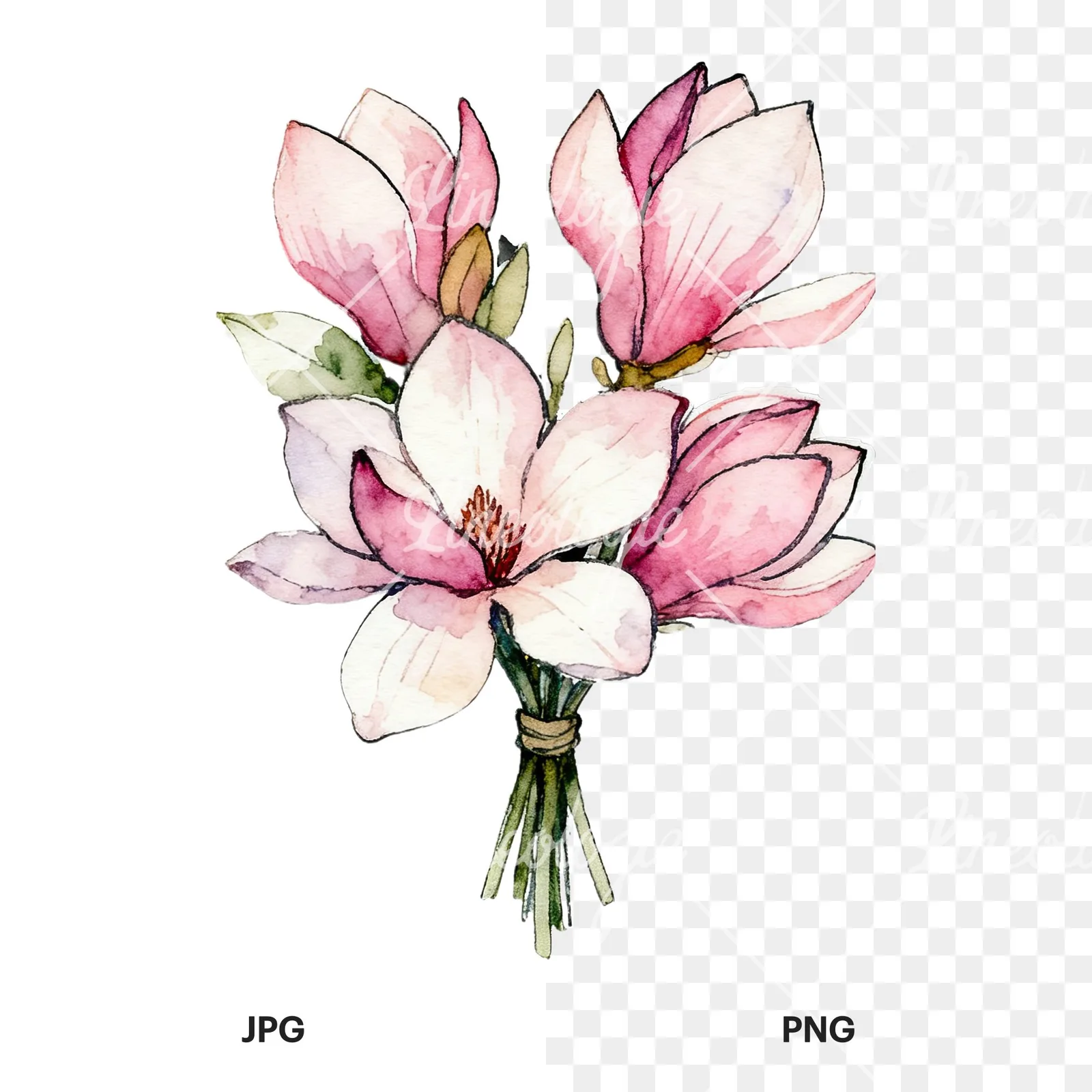 Watercolor pastel pink magnolia bouquet clipart 3 of 9, as a JPG on white and a transparent PNG