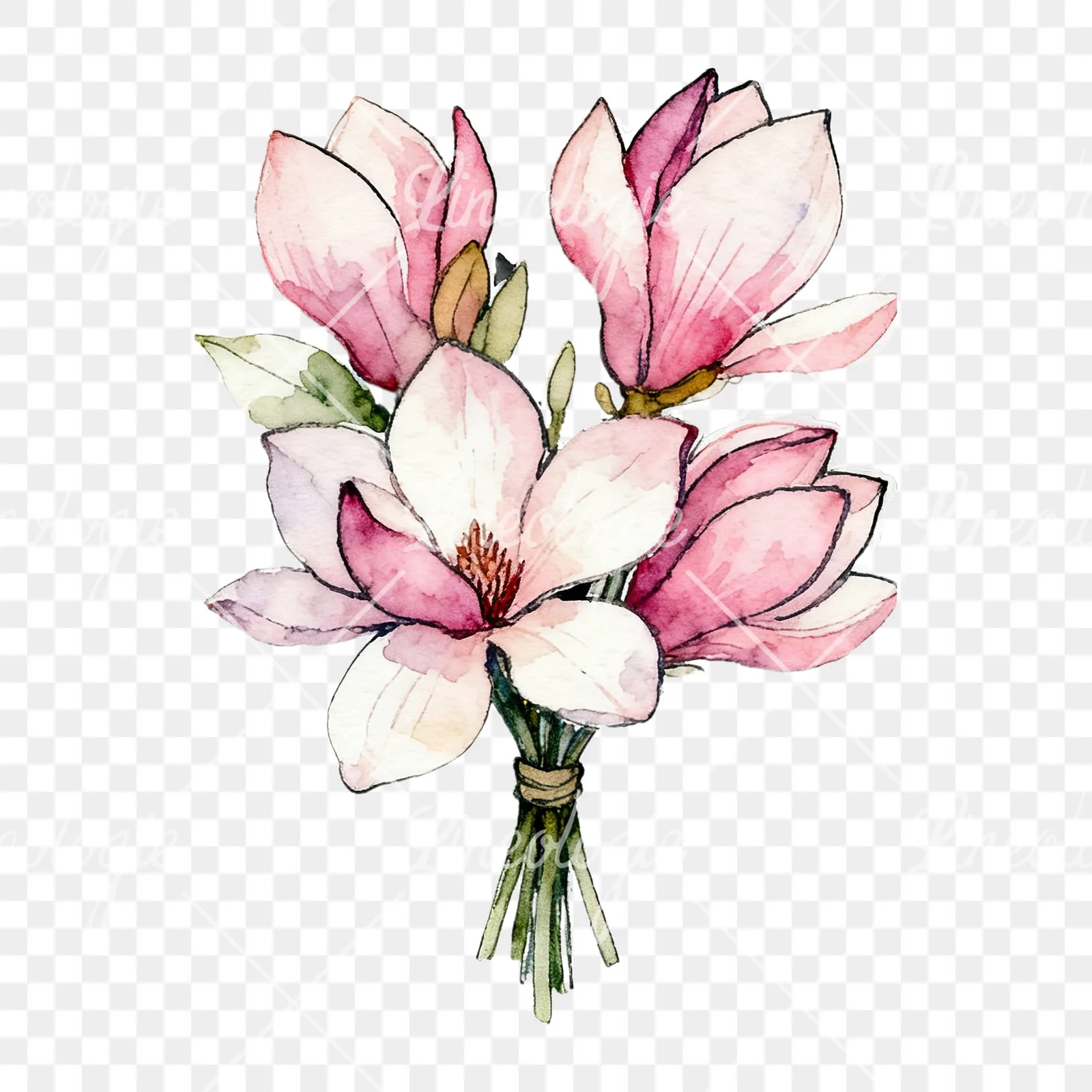 Watercolor pastel pink magnolia bouquet clipart 3 of 9 on a transparent background (PNG)