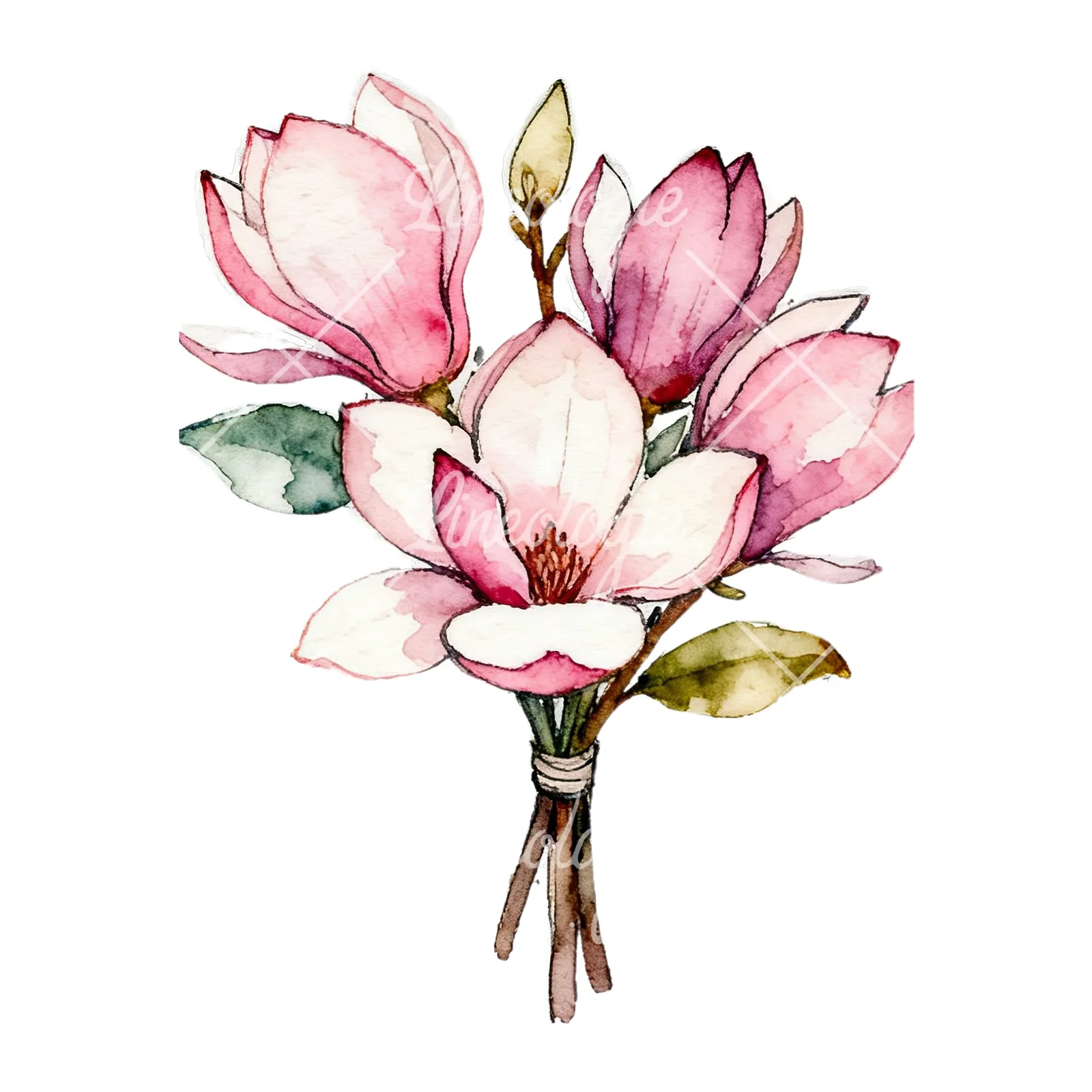 Watercolor pastel pink magnolia bouquet clipart 4 of 9 on a white background (JPG)