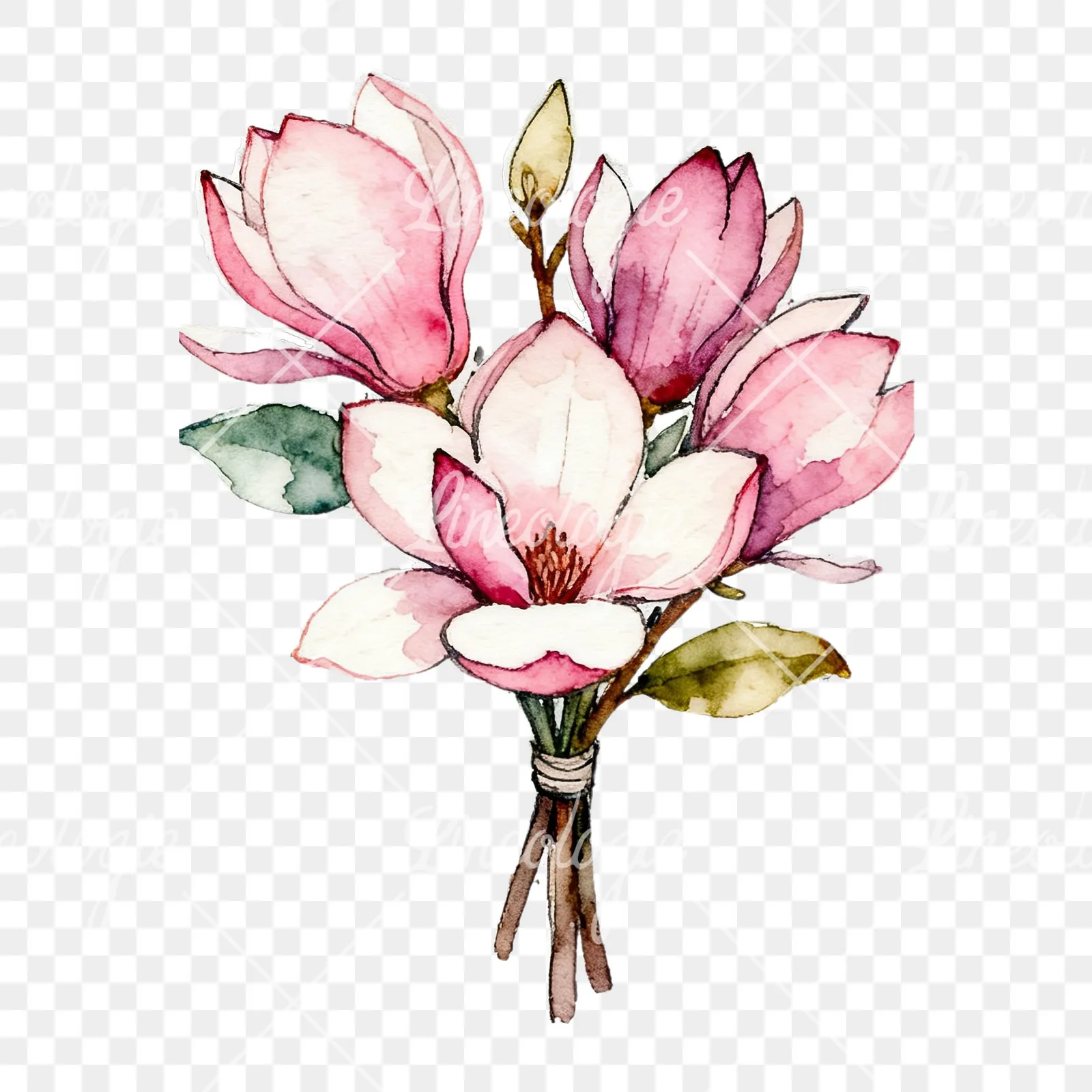Watercolor pastel pink magnolia bouquet clipart 4 of 9 on a transparent background (PNG)