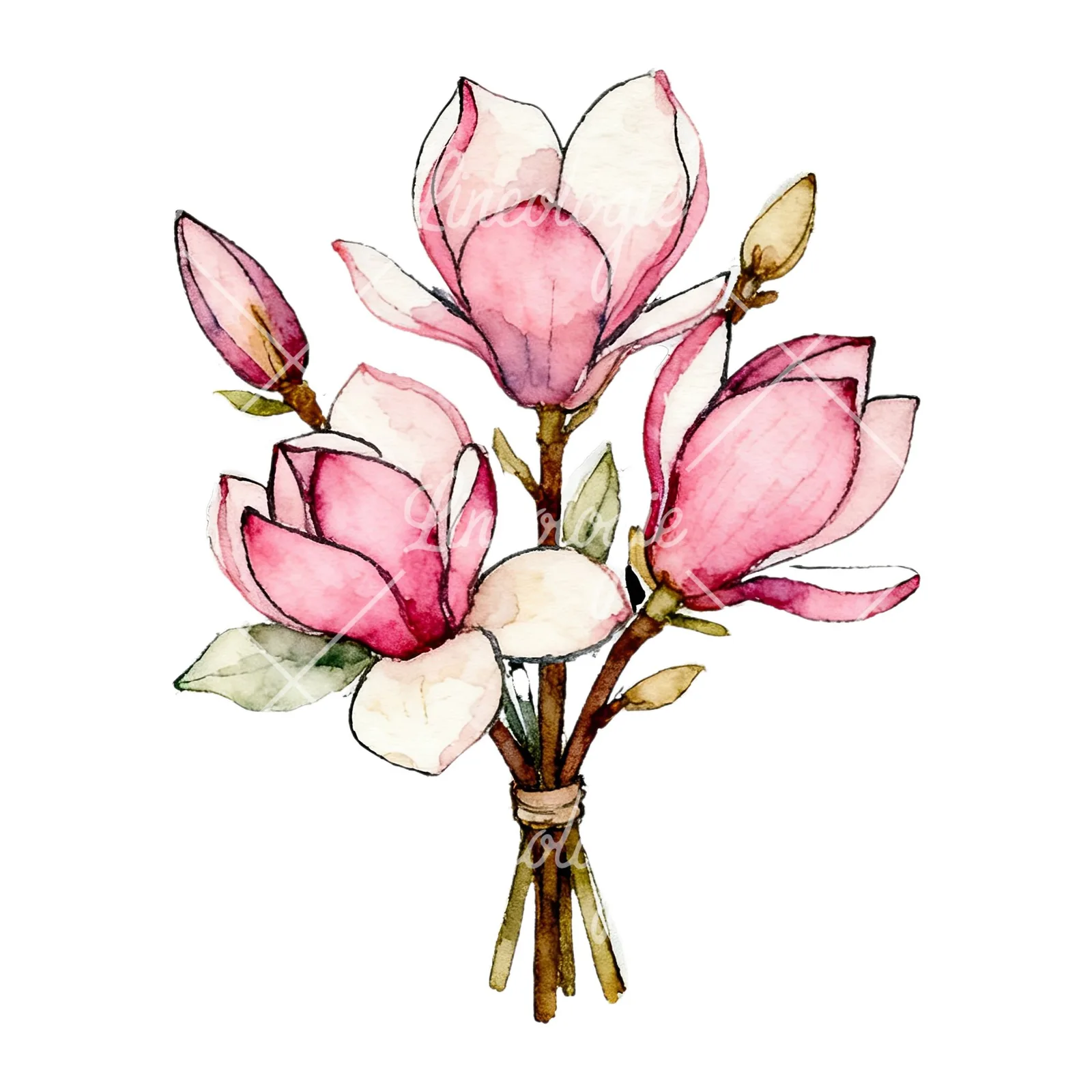 Watercolor pastel pink magnolia bouquet clipart 5 of 9 on a white background (JPG)