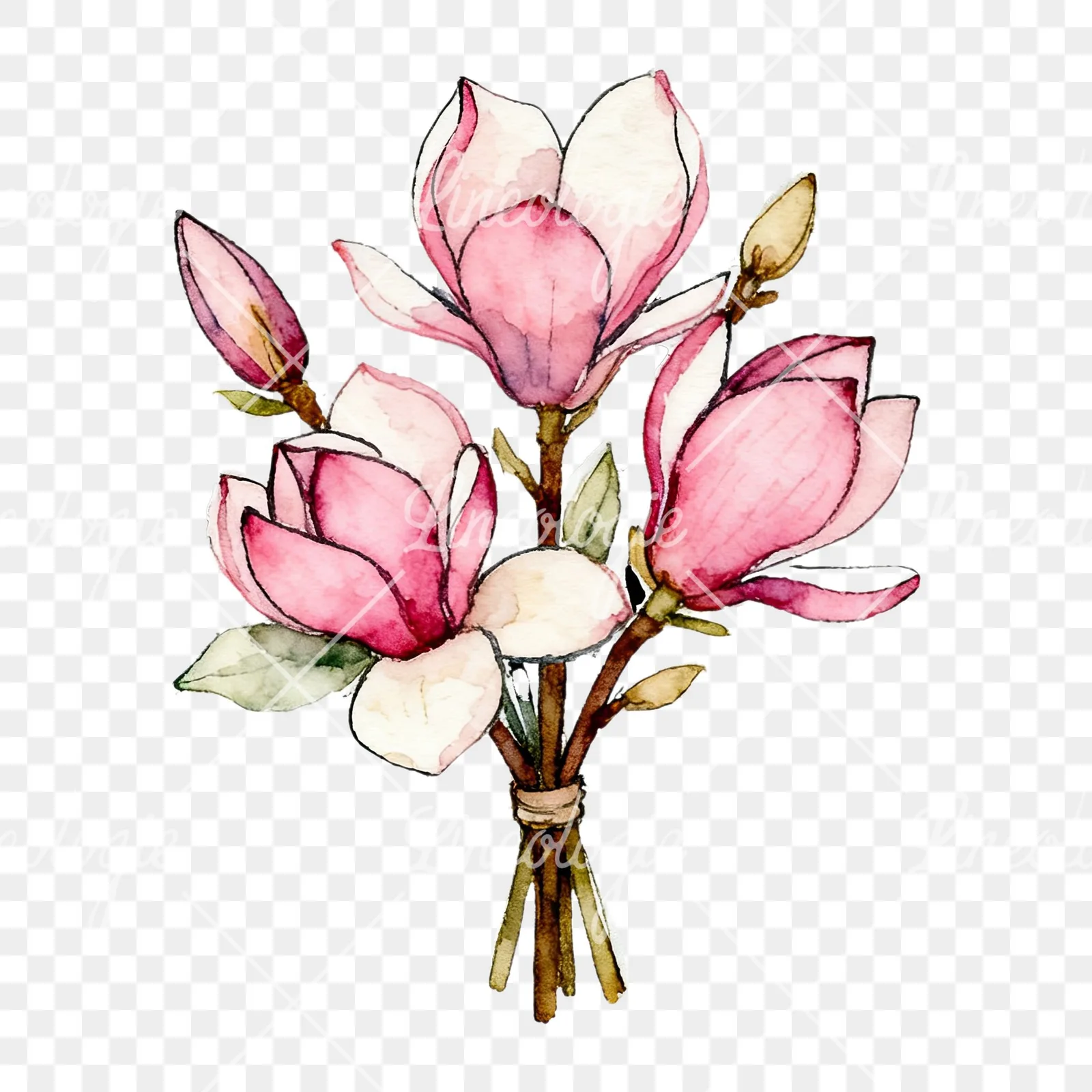 Watercolor pastel pink magnolia bouquet clipart 5 of 9 on a transparent background (PNG)