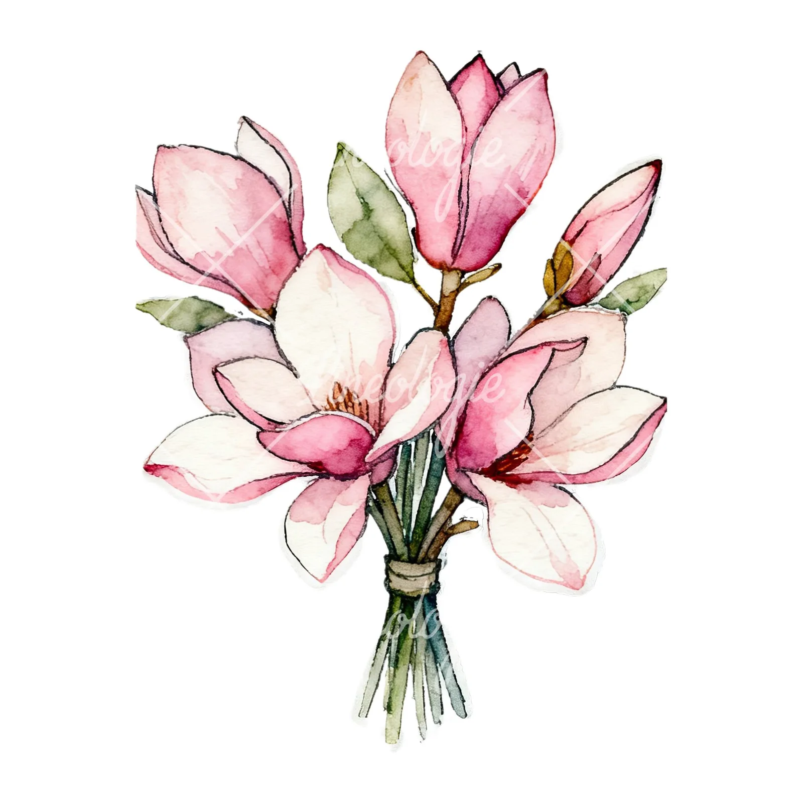Watercolor pastel pink magnolia bouquet clipart 6 of 9 on a white background (JPG)