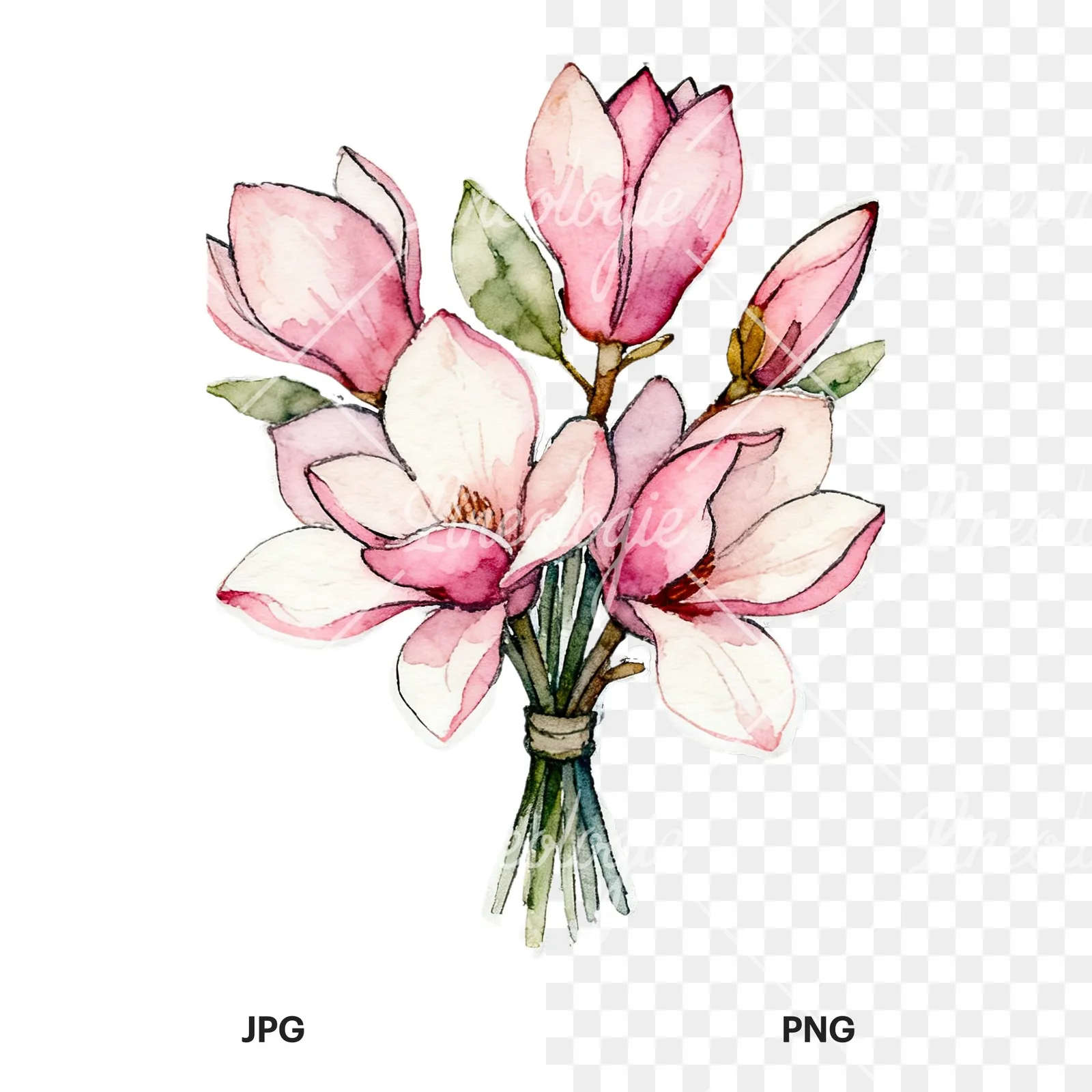 Watercolor pastel pink magnolia bouquet clipart 6 of 9, as a JPG on white and a transparent PNG