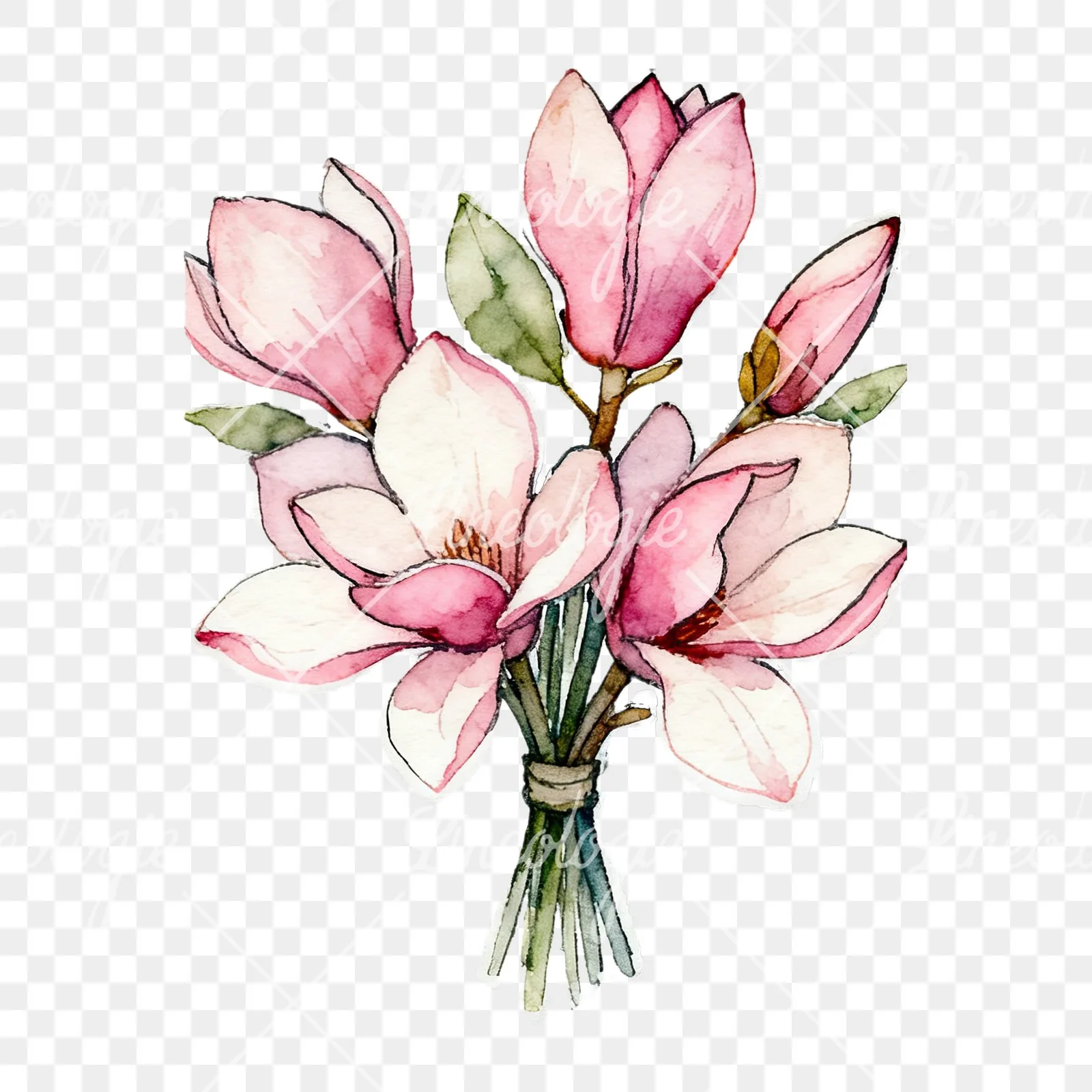 Watercolor pastel pink magnolia bouquet clipart 6 of 9 on a transparent background (PNG)