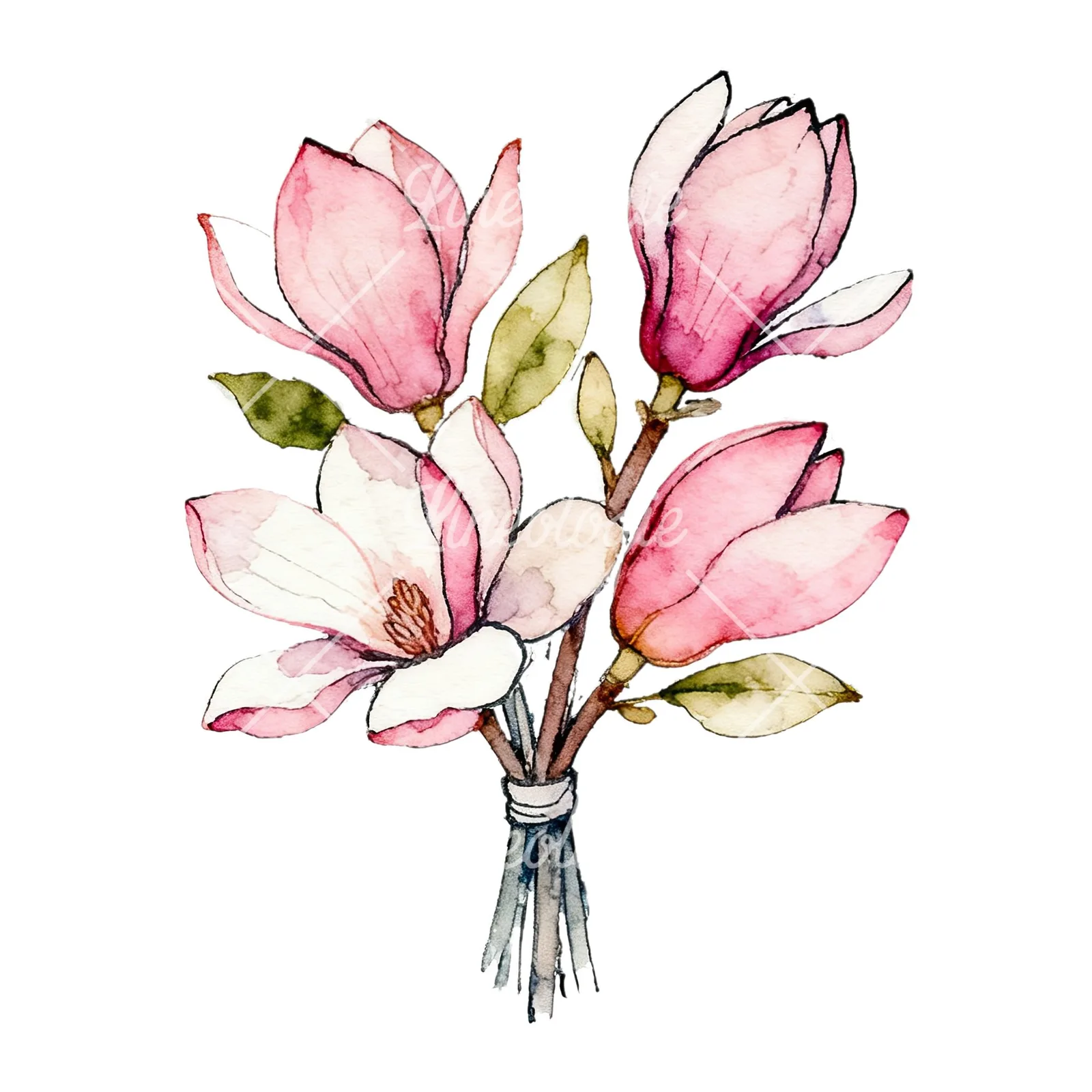Watercolor pastel pink magnolia bouquet clipart 7 of 9 on a white background (JPG)