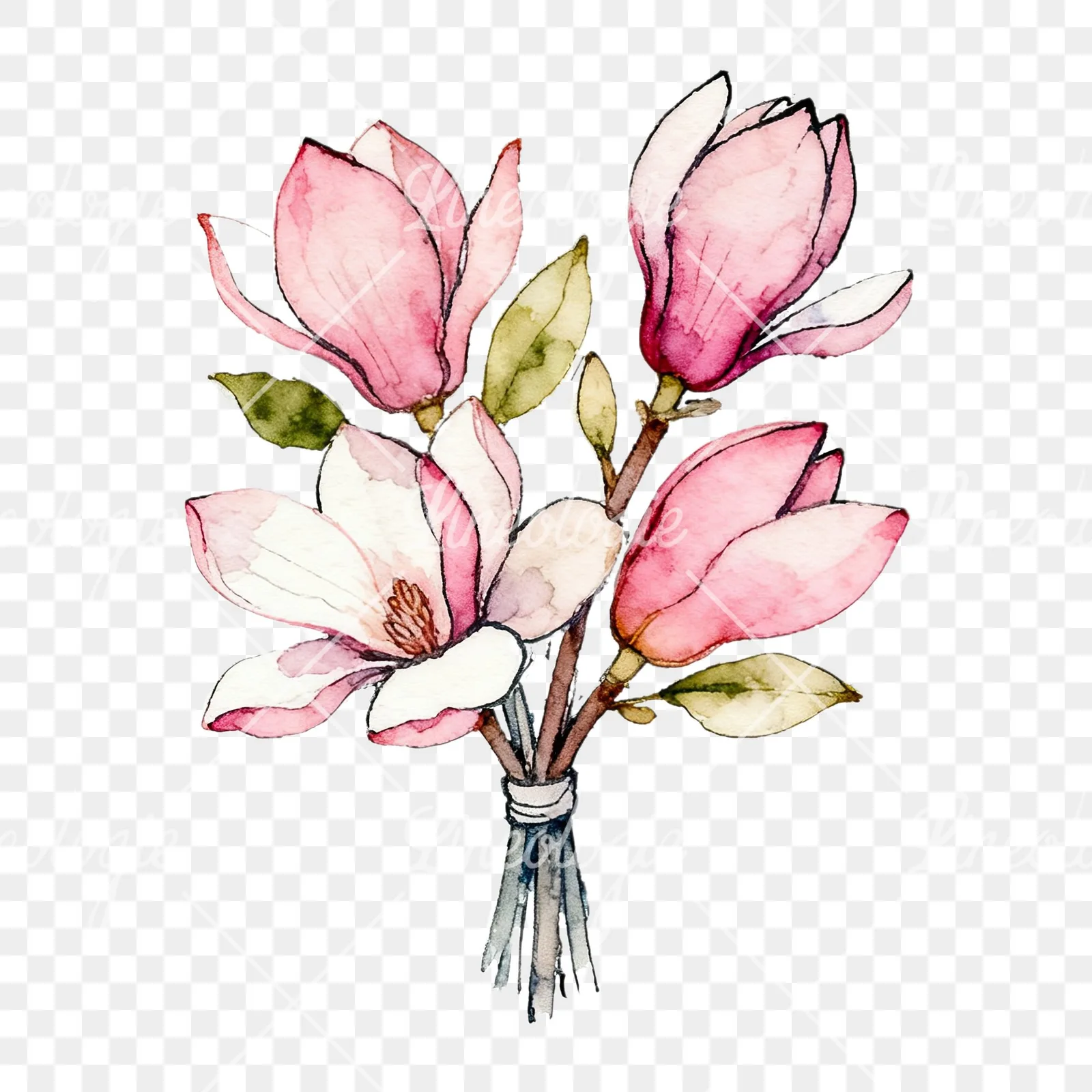Watercolor pastel pink magnolia bouquet clipart 7 of 9 on a transparent background (PNG)