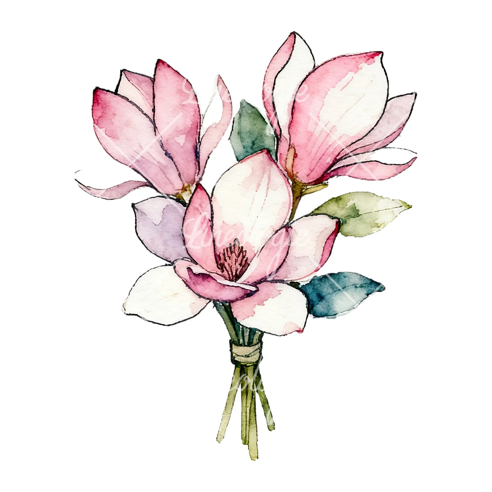 Watercolor pastel pink magnolia bouquet clipart 8 of 9 on a white background (JPG)