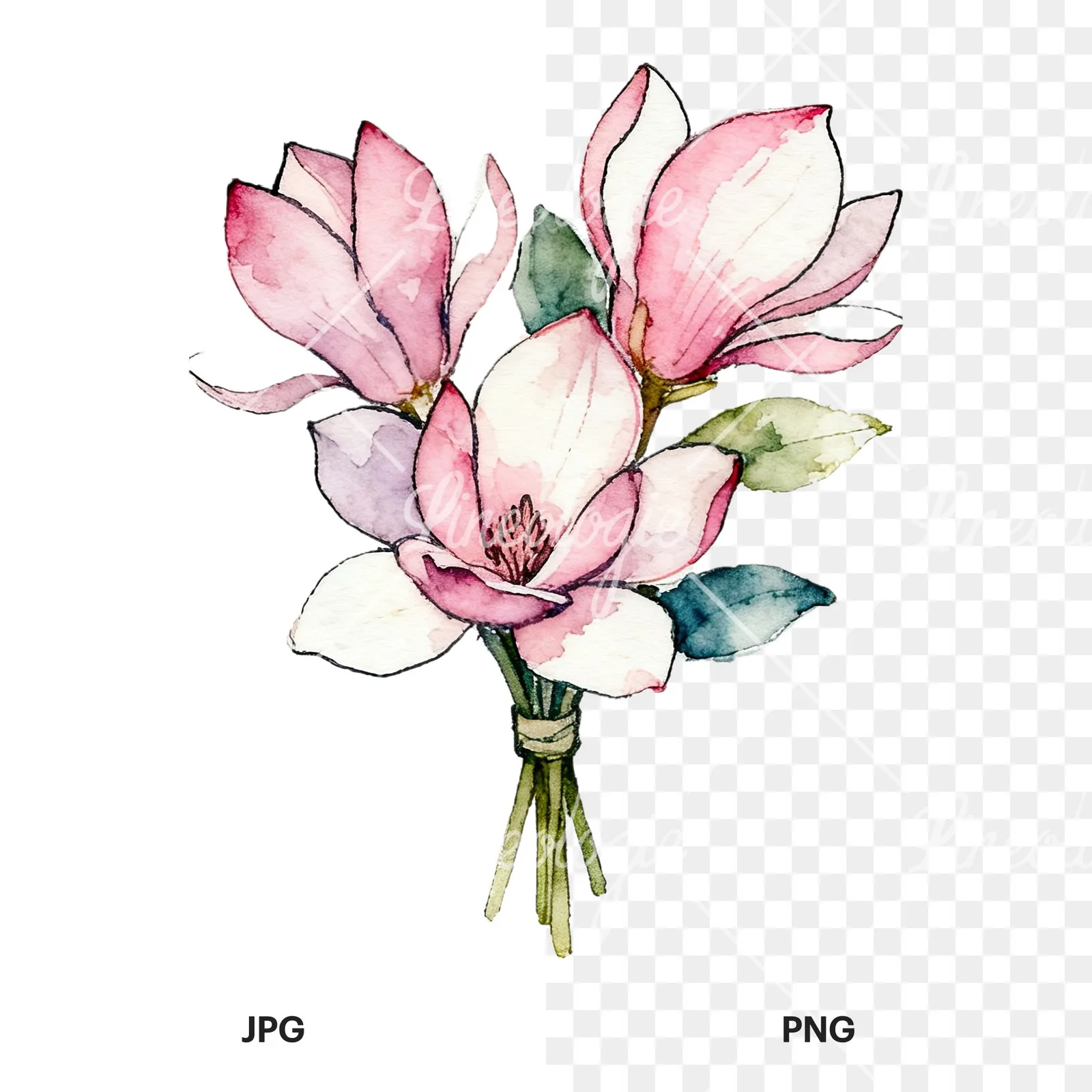 Watercolor pastel pink magnolia bouquet clipart 8 of 9, as a JPG on white and a transparent PNG
