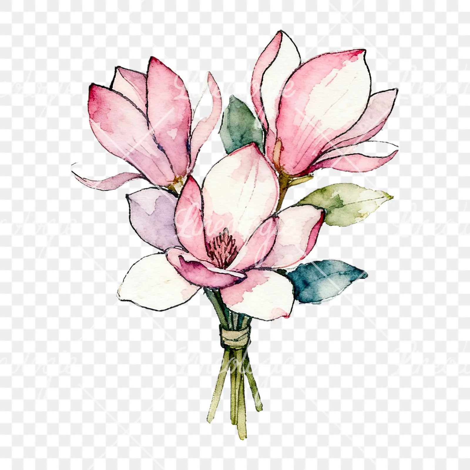 Watercolor pastel pink magnolia bouquet clipart 8 of 9 on a transparent background (PNG)