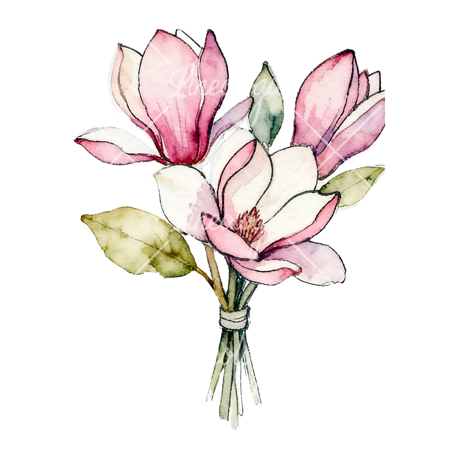 Watercolor pastel pink magnolia bouquet clipart 9 of 9 on a white background (JPG)