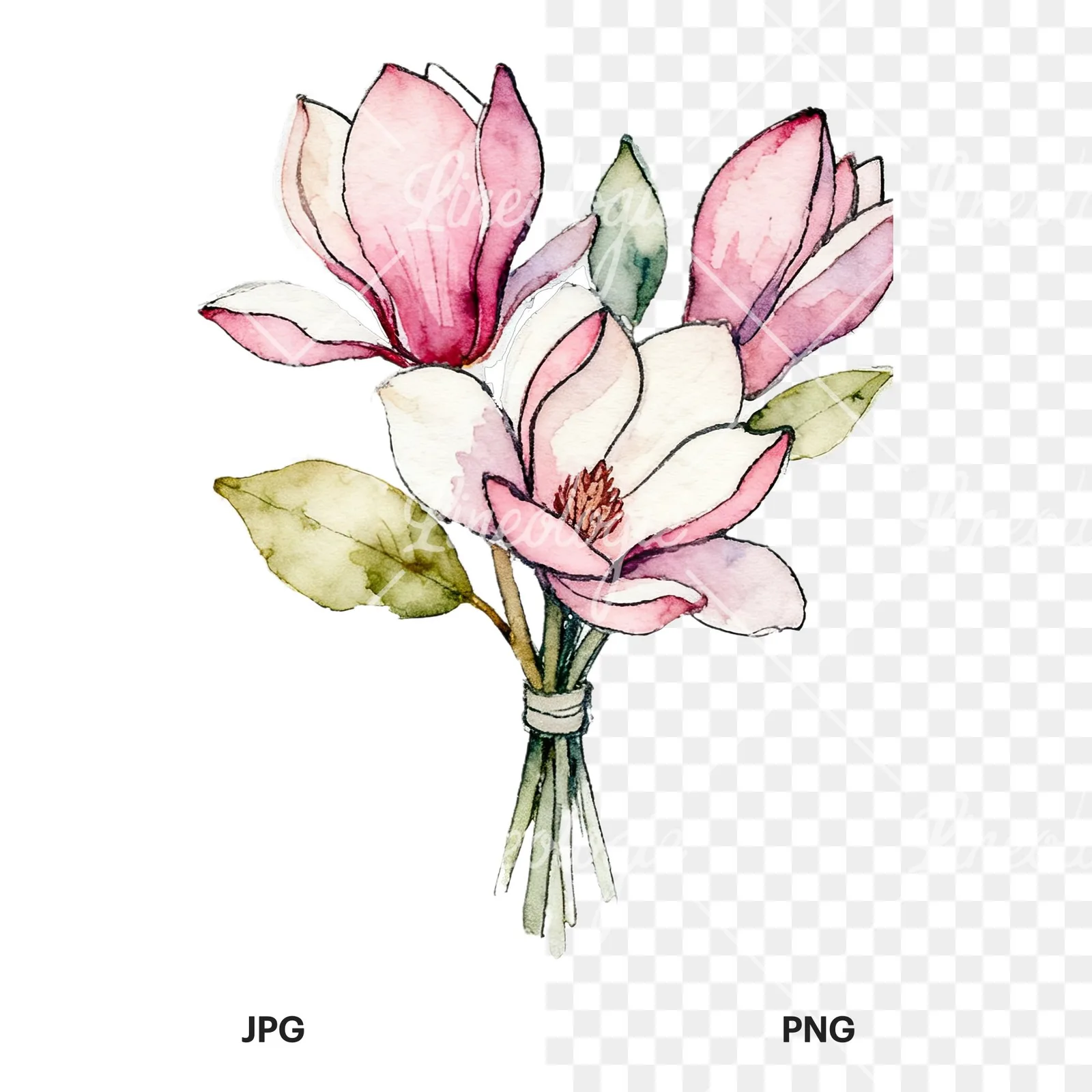 Watercolor pastel pink magnolia bouquet clipart 9 of 9, as a JPG on white and a transparent PNG