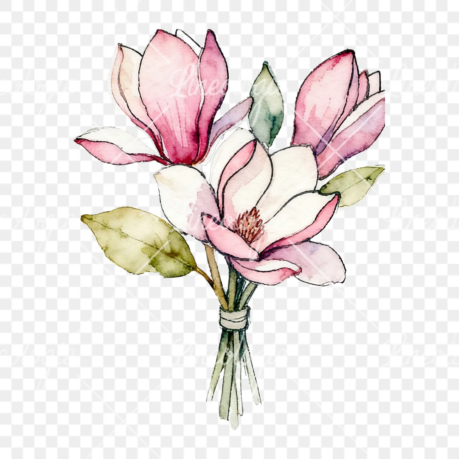 Watercolor pastel pink magnolia bouquet clipart 9 of 9 on a transparent background (PNG)
