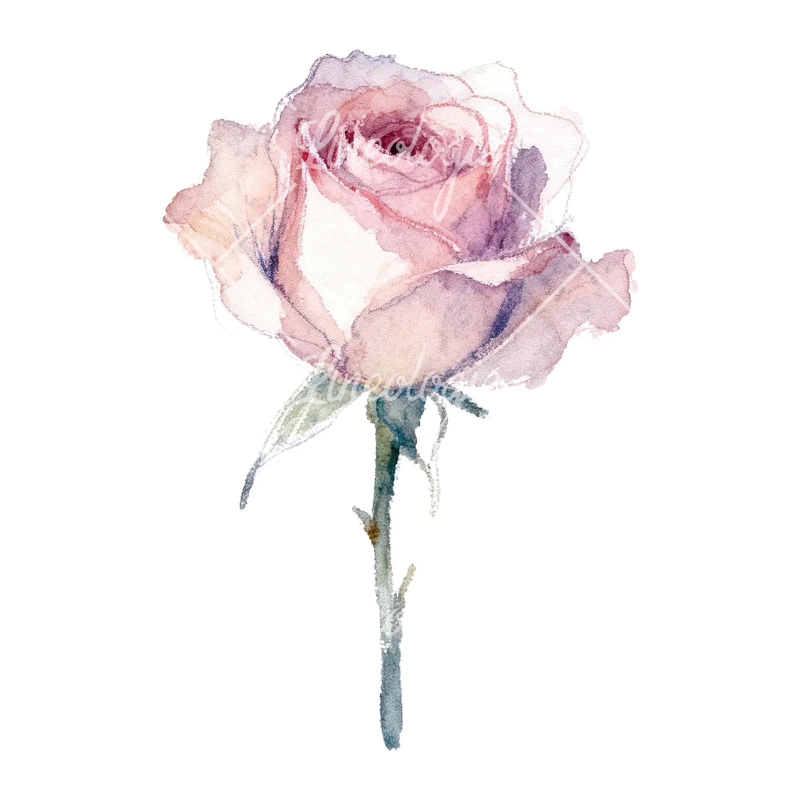Watercolor pastel rose with visible stem clipart 2 of 9 on a white background (JPG)