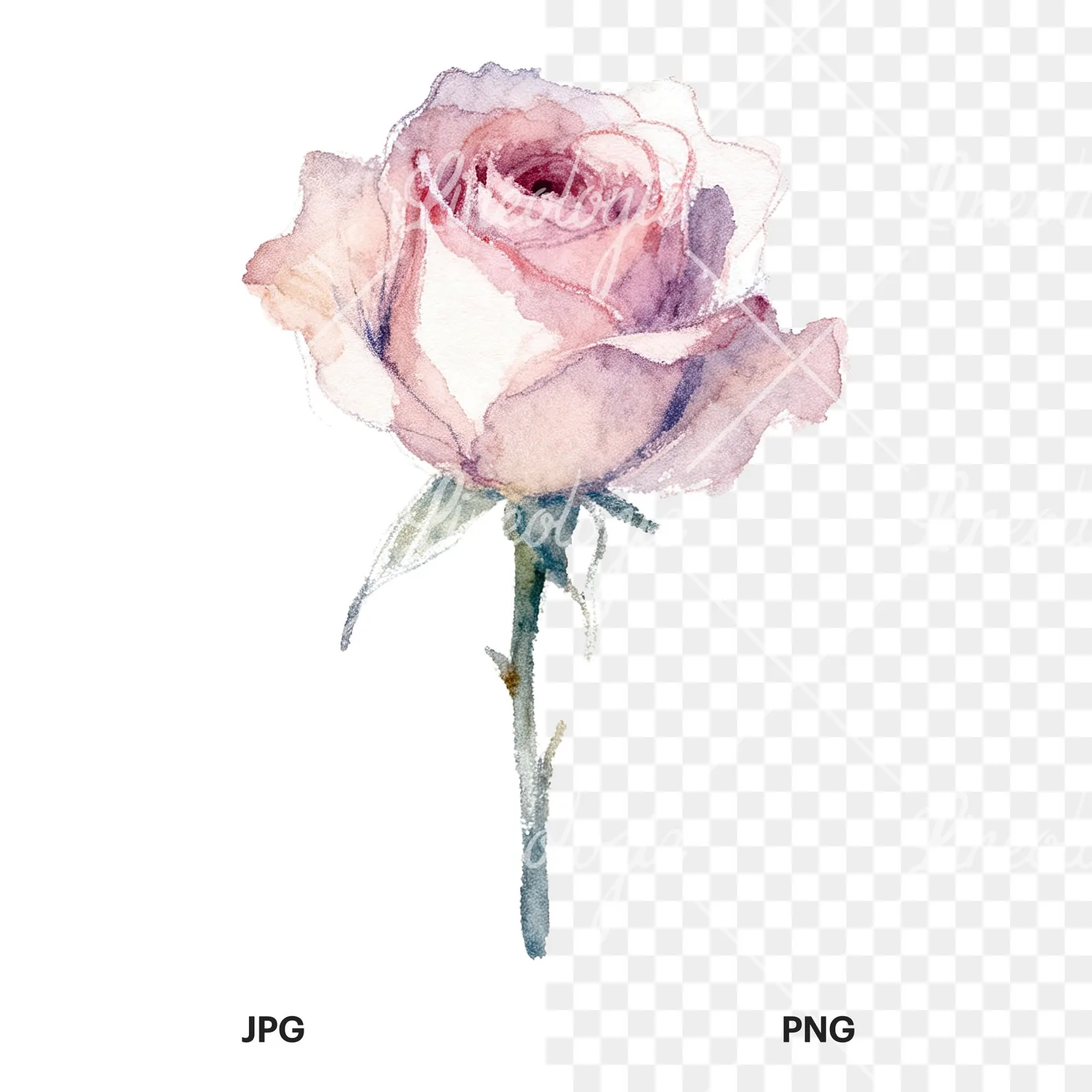 Watercolor pastel rose with visible stem clipart 2 of 9, as a JPG on white and a transparent PNG