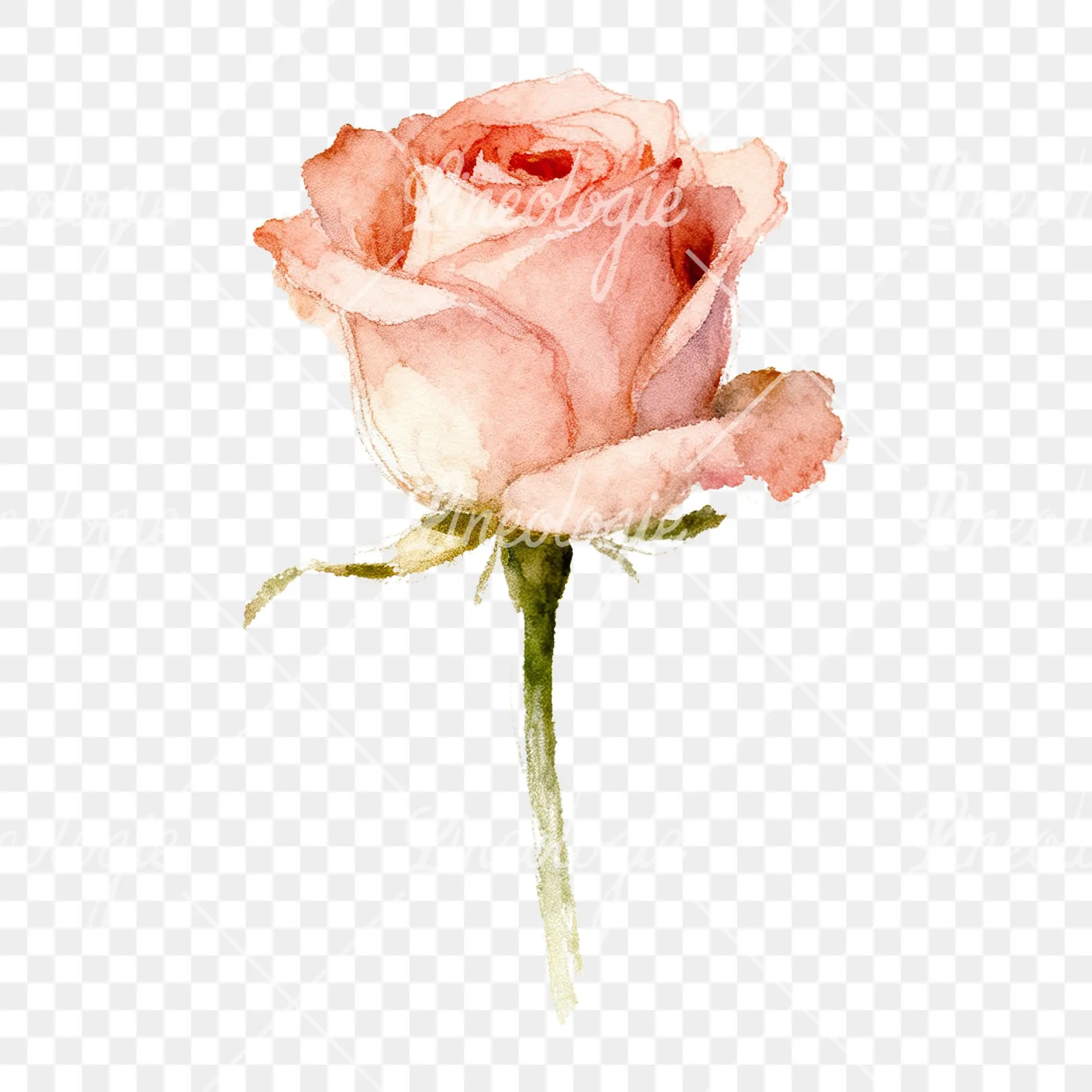 Watercolor pastel rose with visible stem clipart 3 of 9 on a transparent background (PNG)