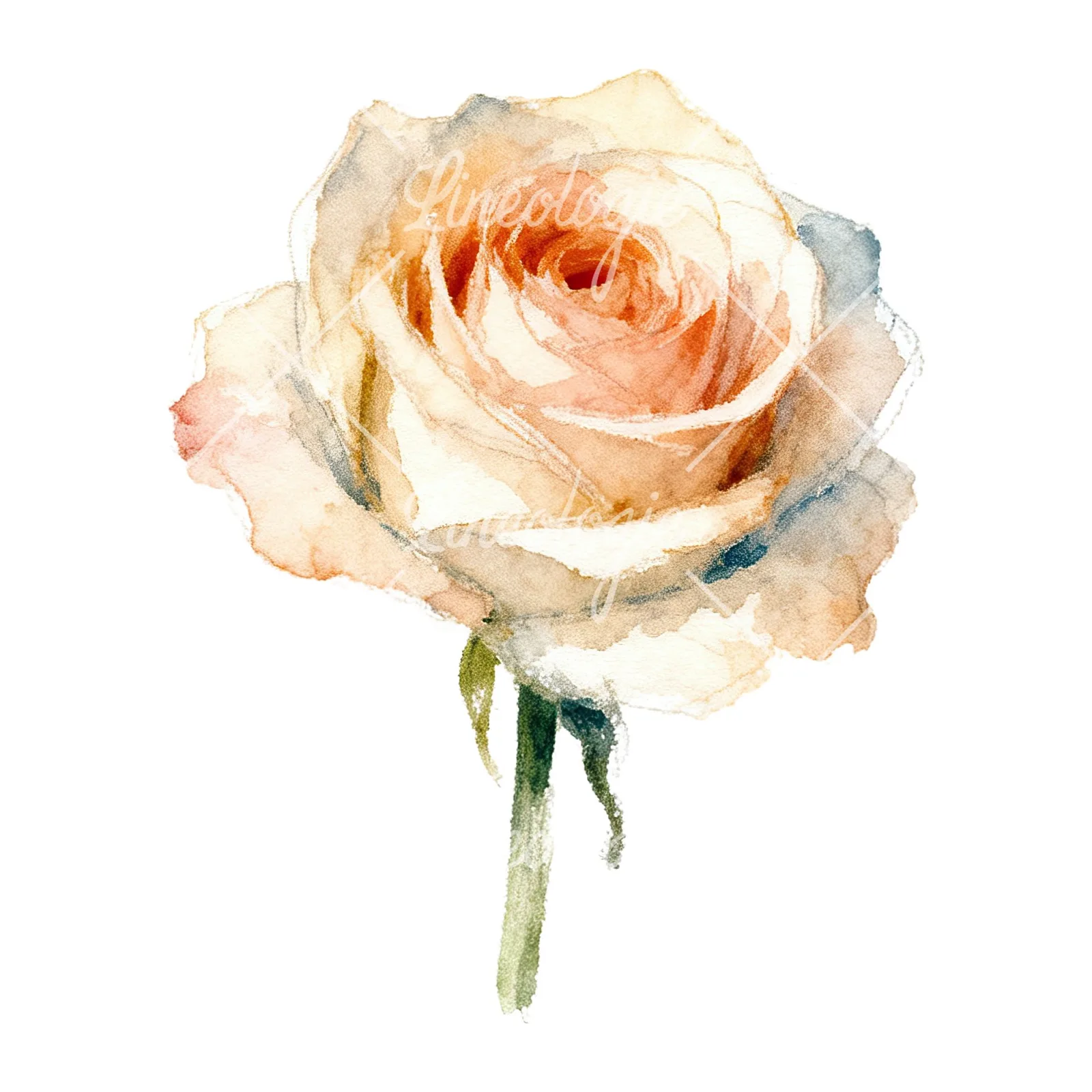 Watercolor pastel rose with visible stem clipart 5 of 9 on a white background (JPG)