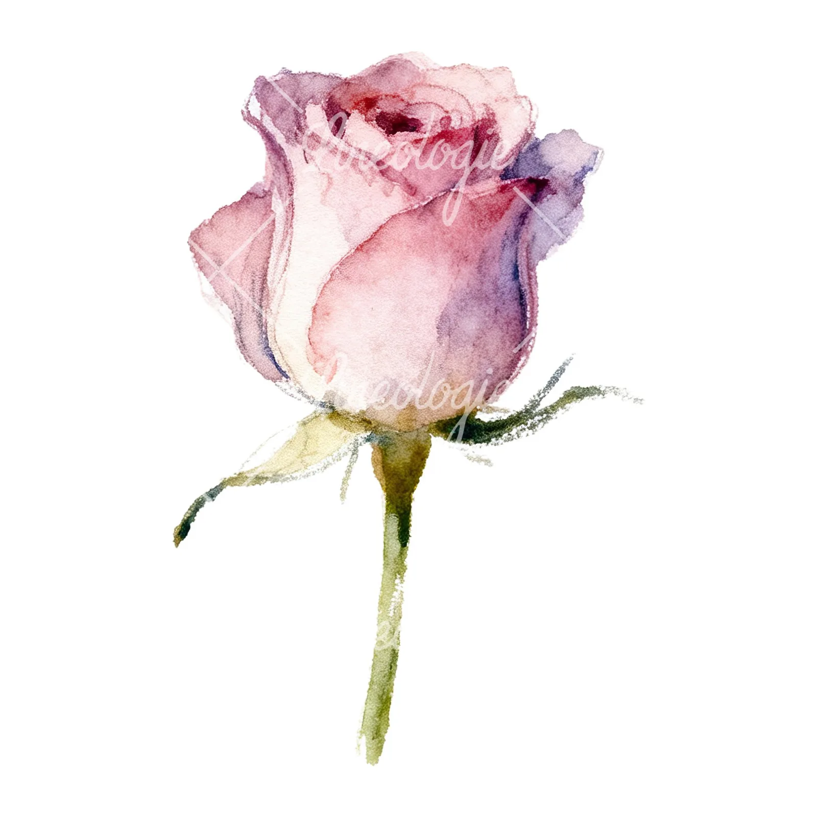 Watercolor pastel rose with visible stem clipart 6 of 9 on a white background (JPG)