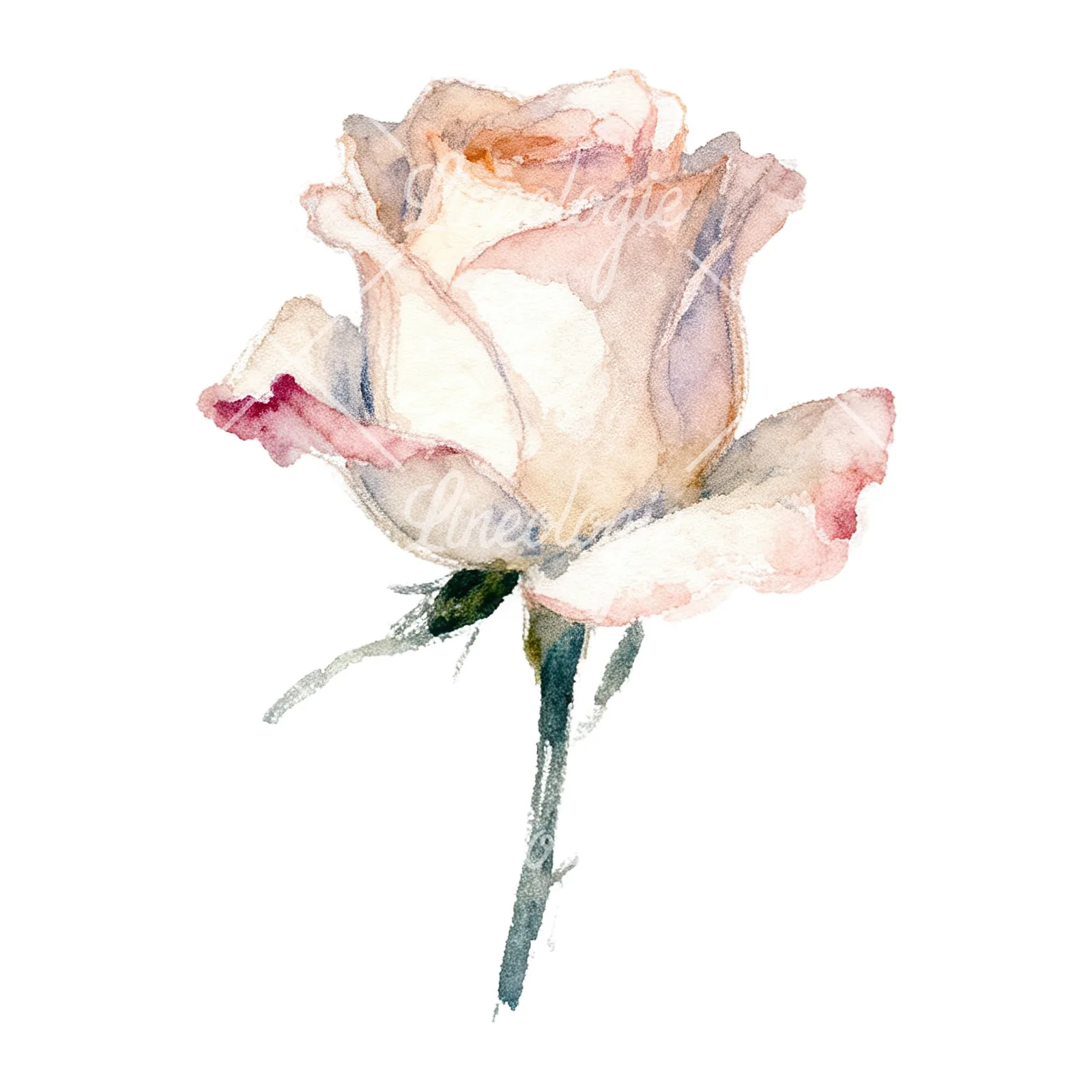 Watercolor pastel rose with visible stem clipart 8 of 9 on a white background (JPG)