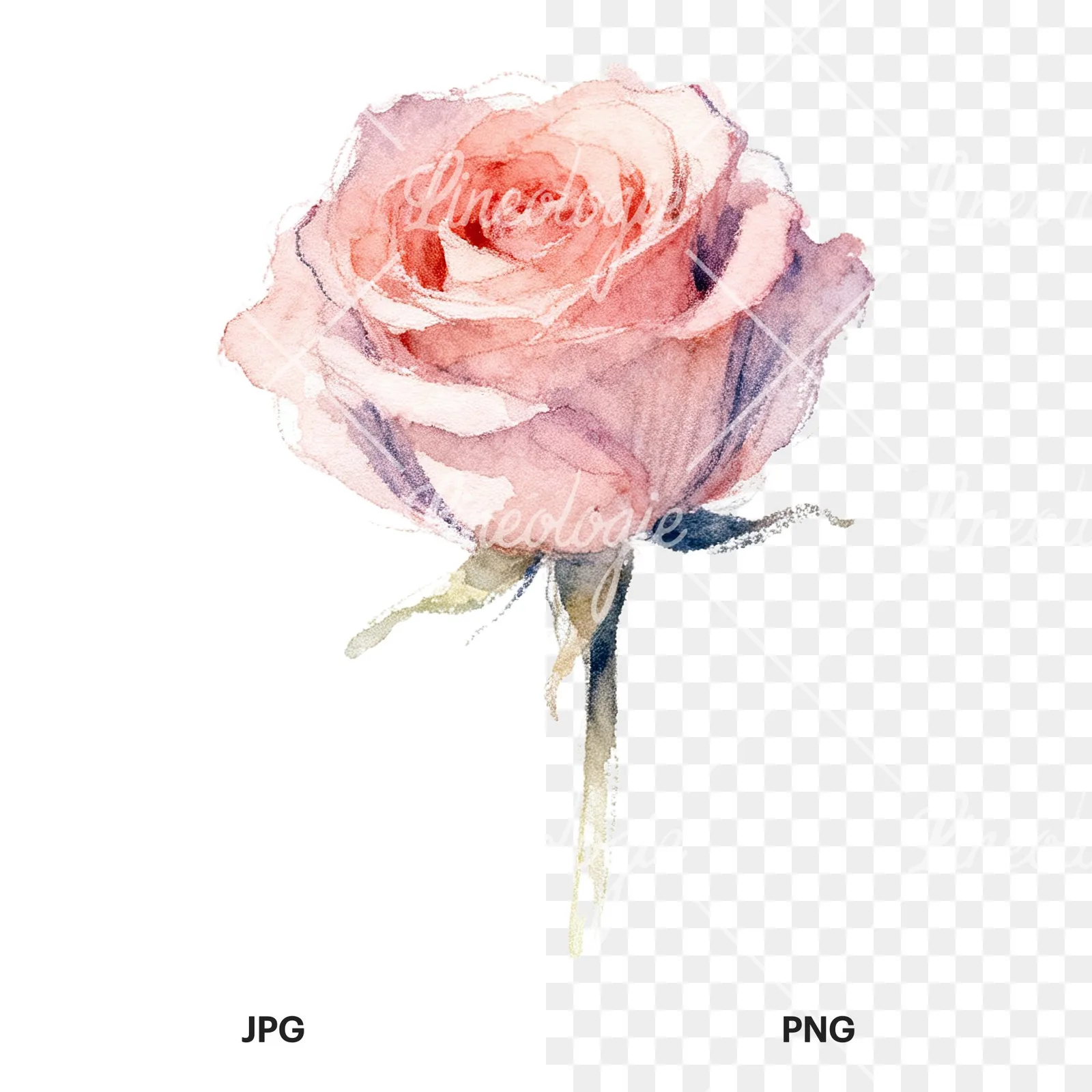 Watercolor pastel rose with visible stem clipart 9 of 9, as a JPG on white and a transparent PNG