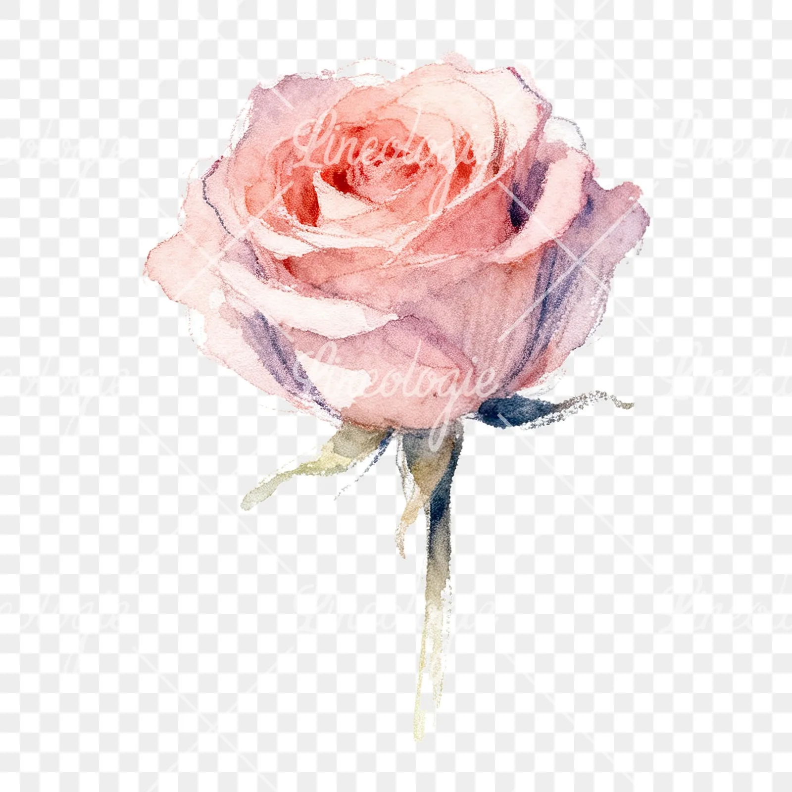 Watercolor pastel rose with visible stem clipart 9 of 9 on a transparent background (PNG)