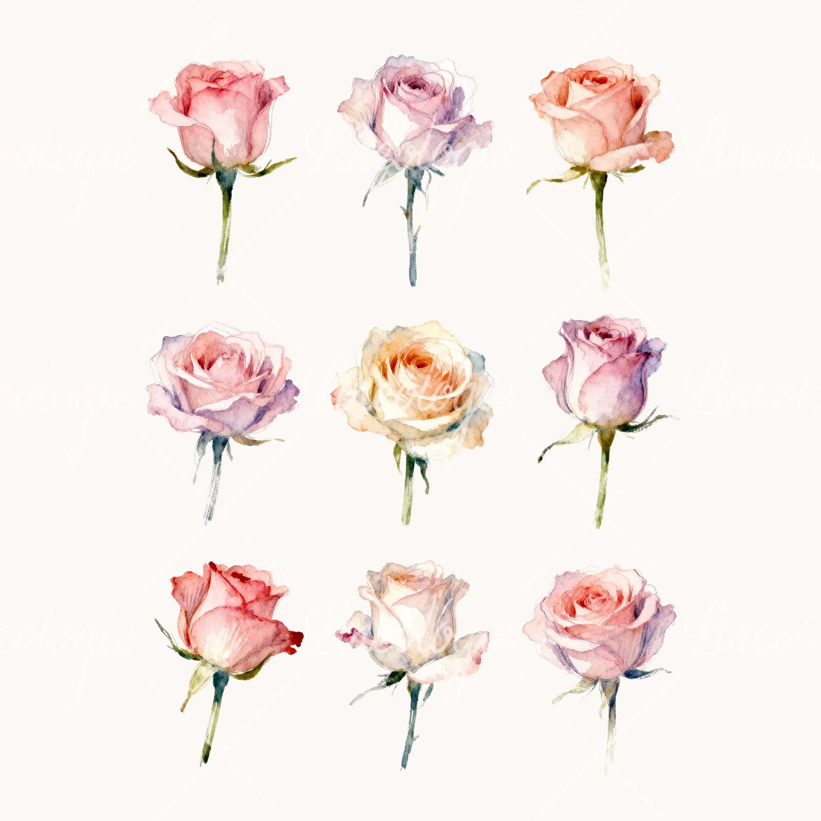 Watercolor Pastel Rose with Visible Stem Clipart, all 9 illustrations in the pack