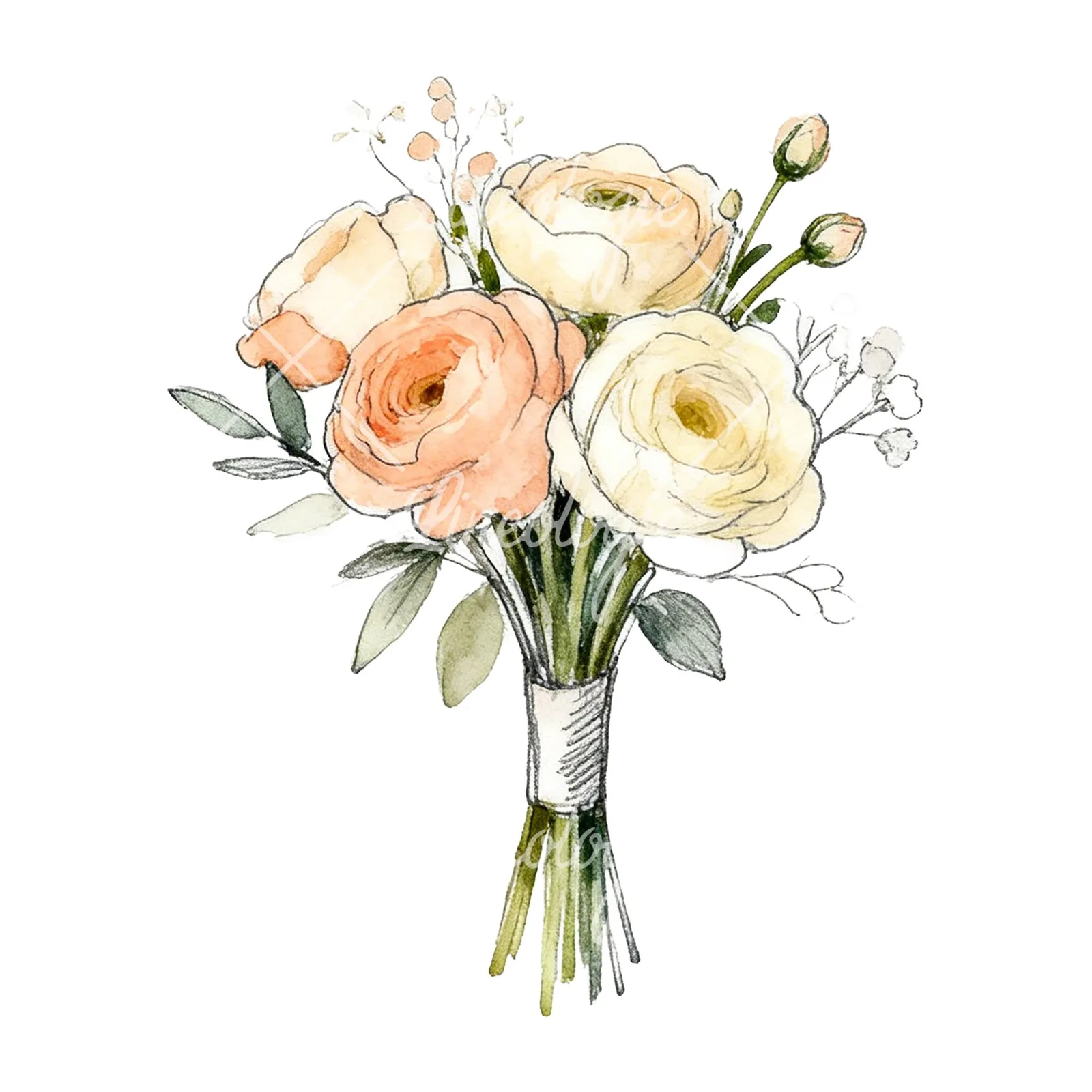 Watercolor peach and cream wedding bouquet with green foliage clipart 1 of 9 on a white background (JPG)