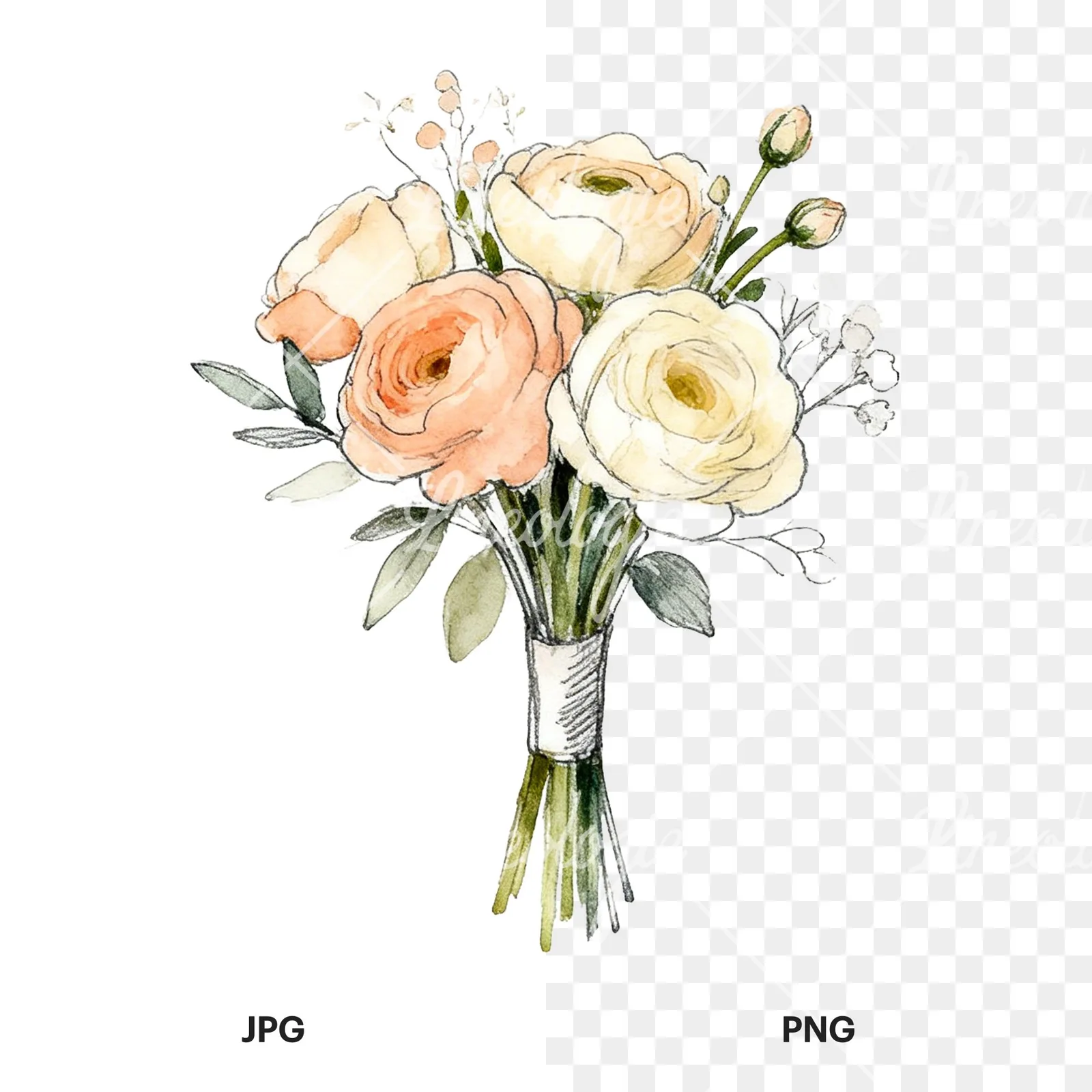 Watercolor peach and cream wedding bouquet with green foliage clipart 1 of 9, as a JPG on white and a transparent PNG
