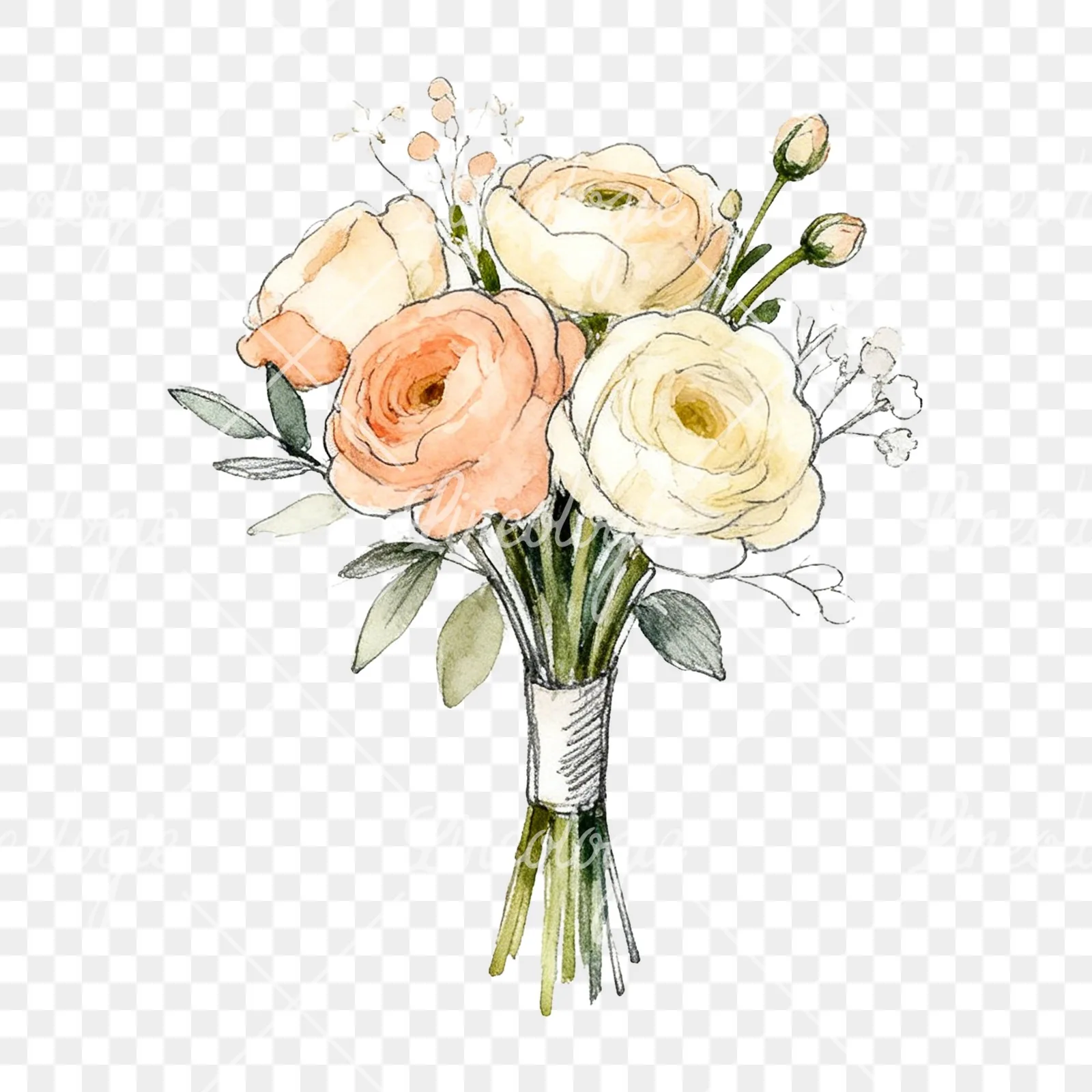Watercolor peach and cream wedding bouquet with green foliage clipart 1 of 9 on a transparent background (PNG)