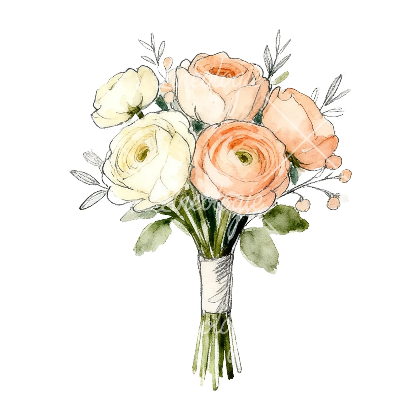 Watercolor peach and cream wedding bouquet with green foliage clipart 2 of 9 on a white background (JPG)