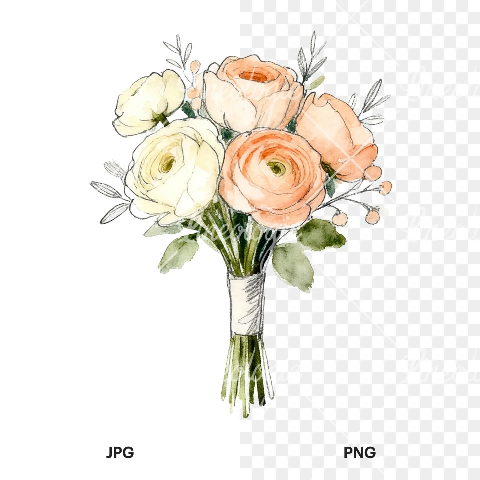 Watercolor peach and cream wedding bouquet with green foliage clipart 2 of 9, as a JPG on white and a transparent PNG