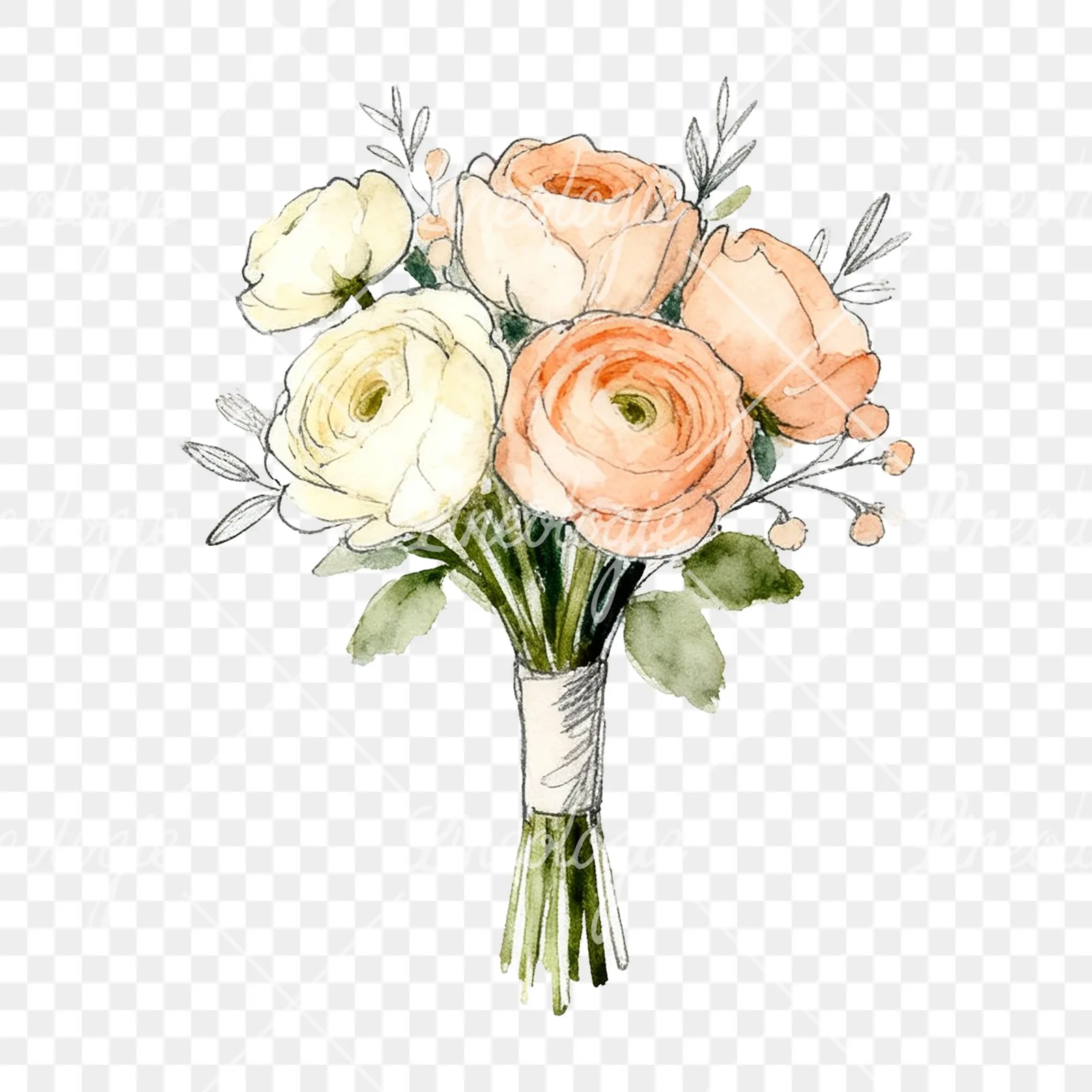 Watercolor peach and cream wedding bouquet with green foliage clipart 2 of 9 on a transparent background (PNG)