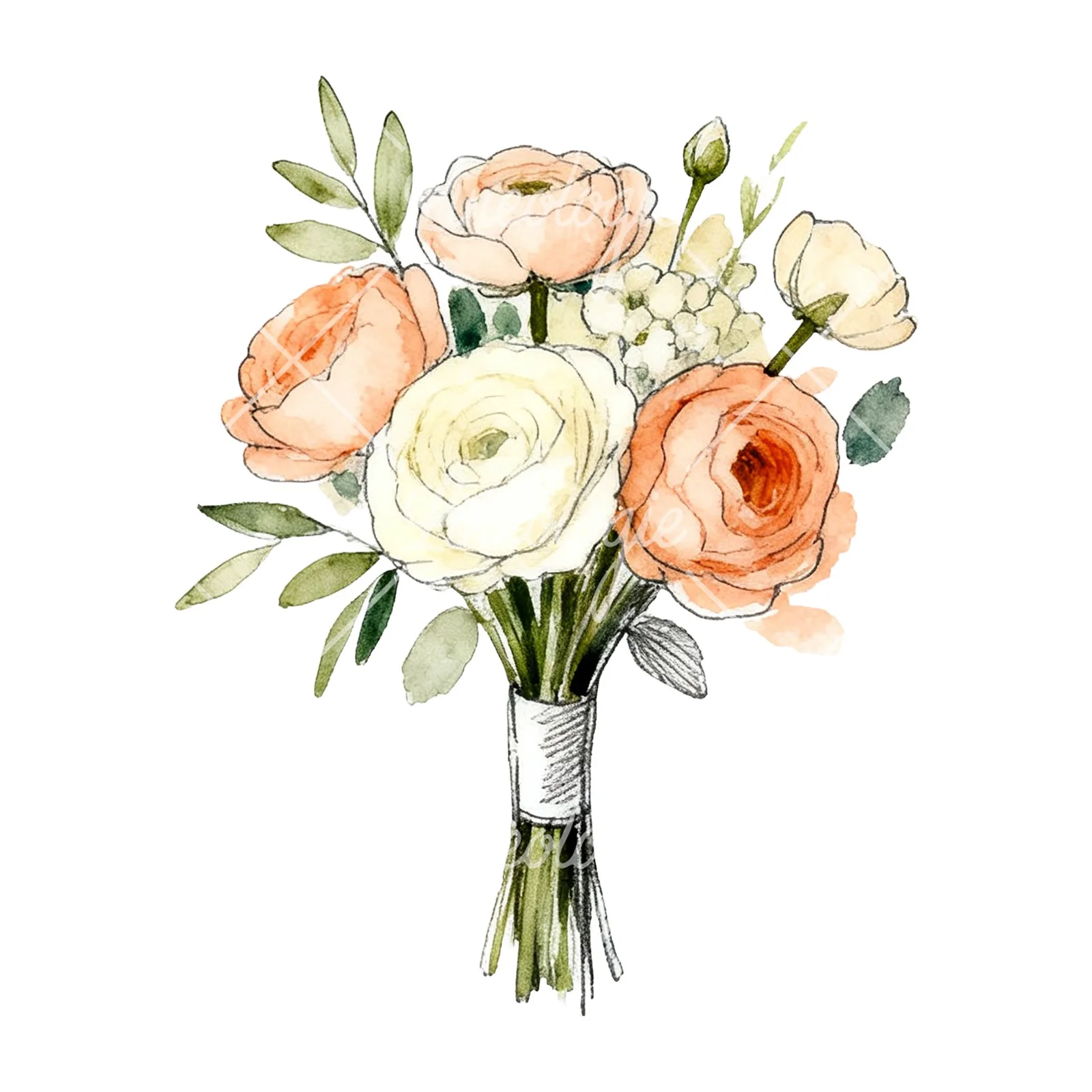 Watercolor peach and cream wedding bouquet with green foliage clipart 3 of 9 on a white background (JPG)