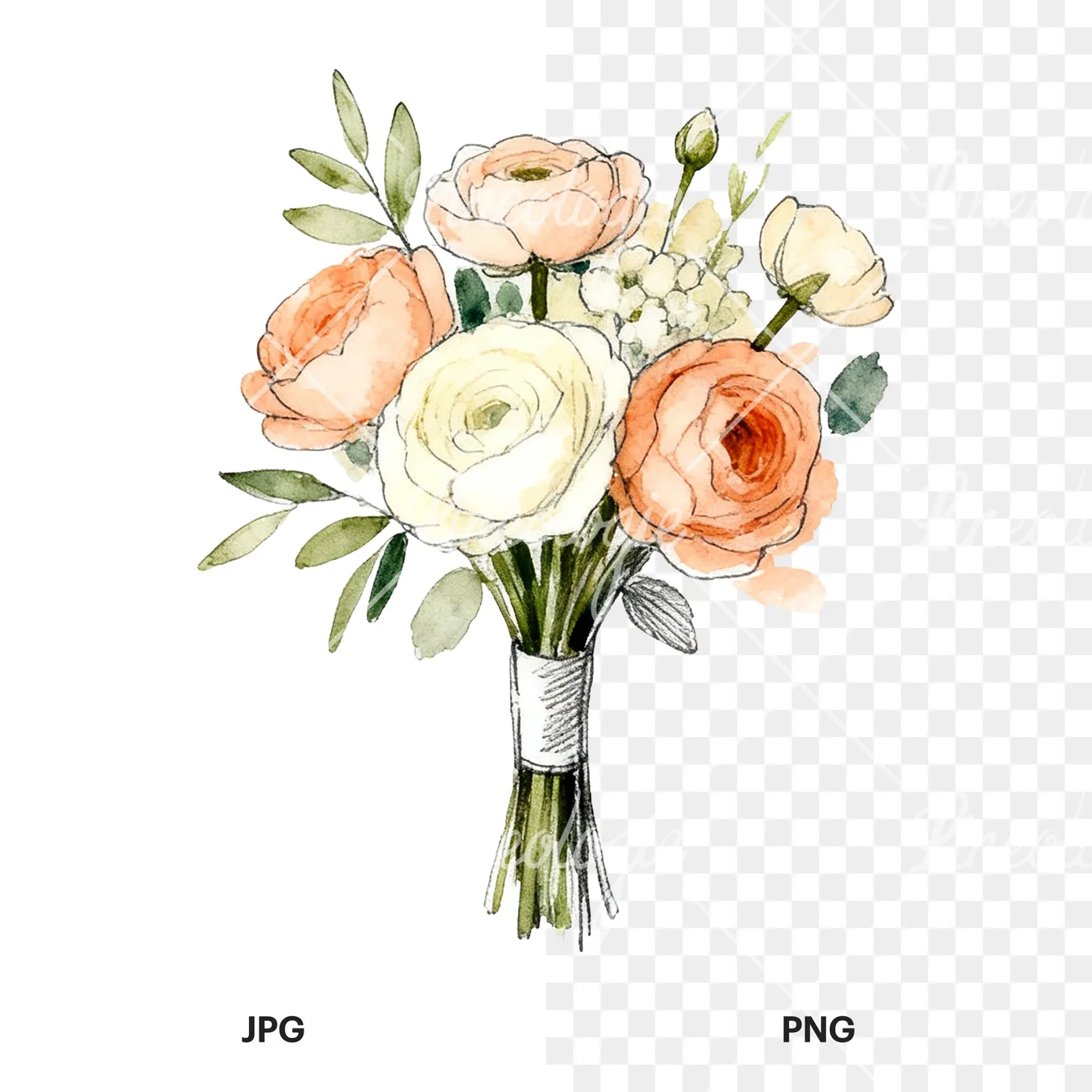 Watercolor peach and cream wedding bouquet with green foliage clipart 3 of 9, as a JPG on white and a transparent PNG