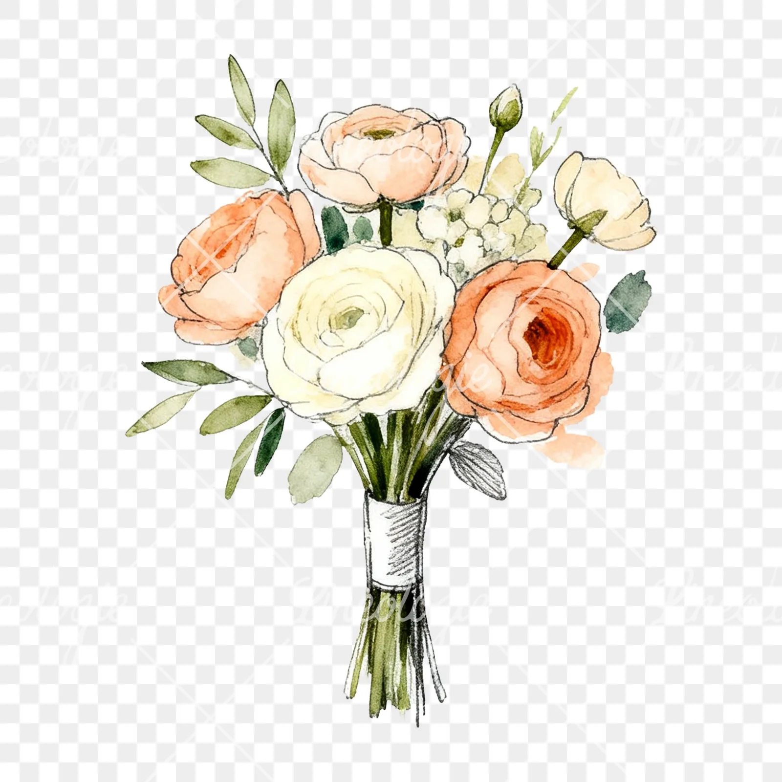 Watercolor peach and cream wedding bouquet with green foliage clipart 3 of 9 on a transparent background (PNG)