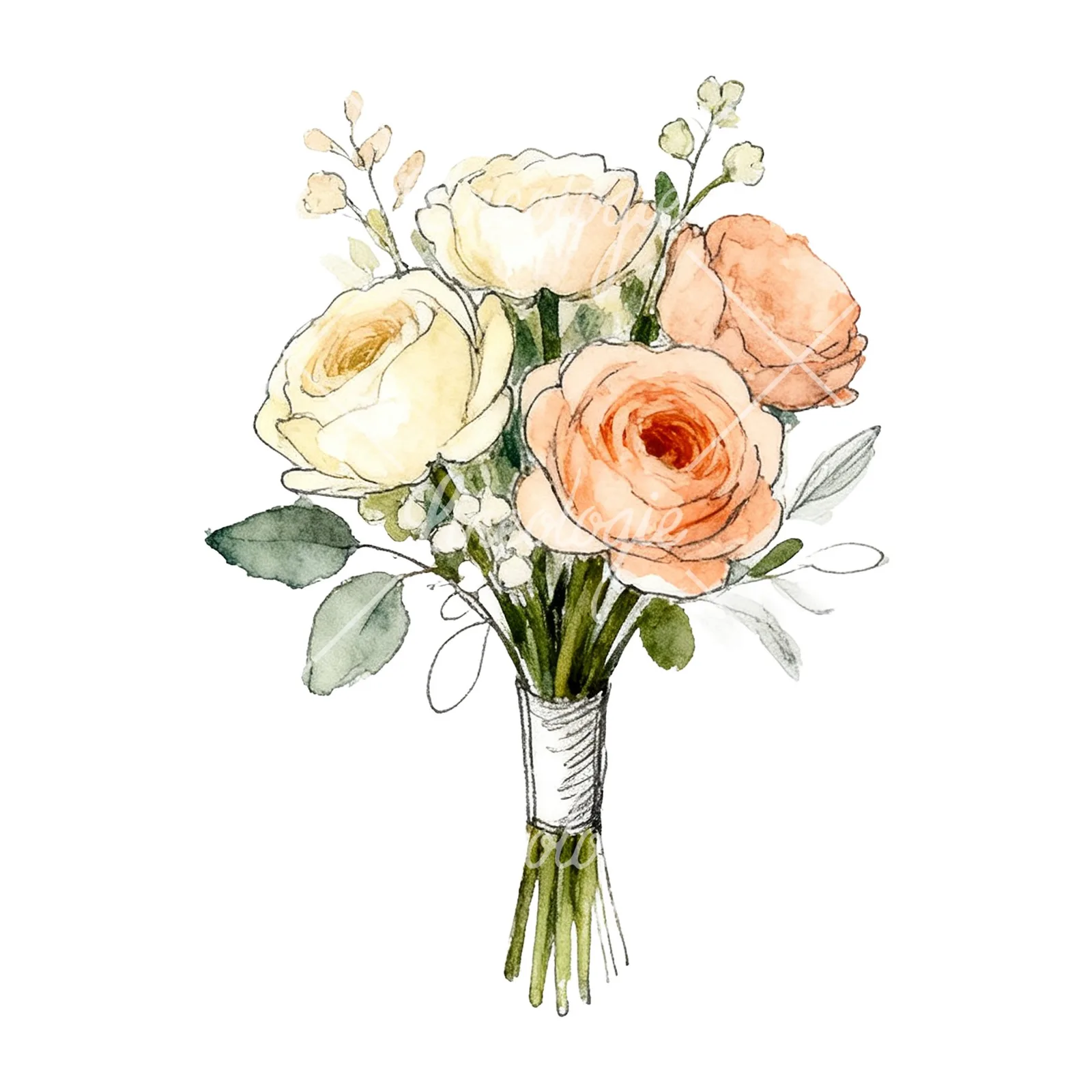 Watercolor peach and cream wedding bouquet with green foliage clipart 4 of 9 on a white background (JPG)