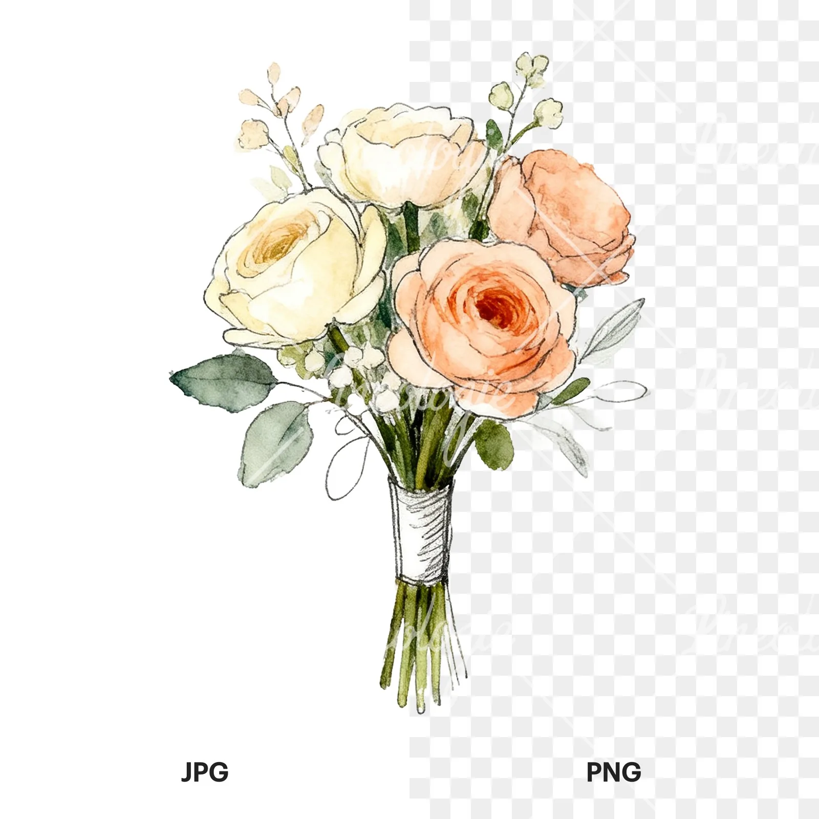 Watercolor peach and cream wedding bouquet with green foliage clipart 4 of 9, as a JPG on white and a transparent PNG